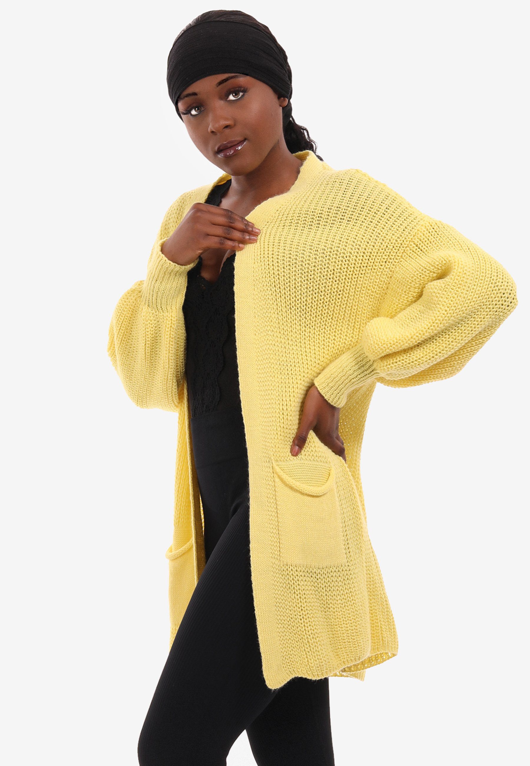 YC Fashion & Style Cardigan mit aufgesetzten Size in mit Unifarbe, gelb Taschen Taschen Strick-Cardigan One