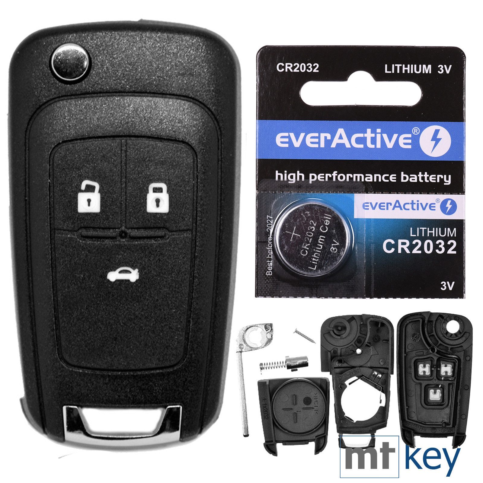 mt-key Auto Klapp Schlüssel Gehäuse 3 Tasten + 1x Rohling HU100 + CR2032 Knopfzelle, CR2032 (3 V), für OPEL INSIGNIA A ASTRA J CASCADA Funk Fernbedienung