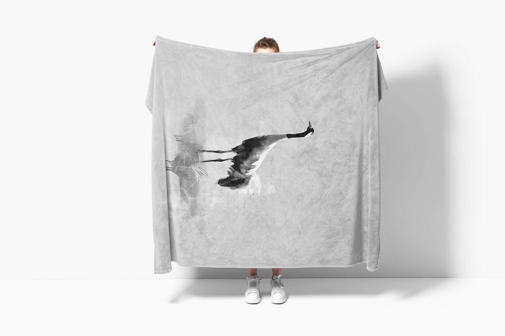 Grau Saunatuch (1-St), Sinus Strandhandtuch Handtuch Baumwolle-Polyester-Mix Handtuch Kranich Kuscheldecke Kunstvoll, Motiv Art Handtücher