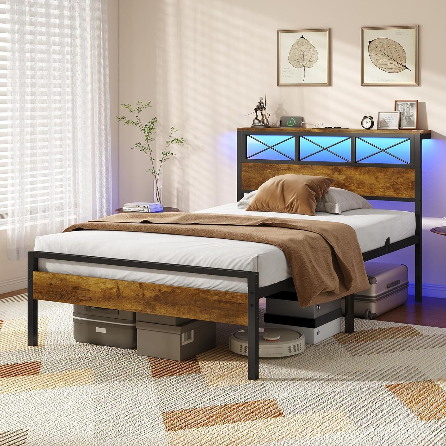 MSMASK Metallbett Bettgestell mit LED Beleuchtung und Steckdose USB-Anschlüsse (Ohne Matratze), Kinderbett Jugendbett Einzelbett, 90 x 200 cm – Bild 4 von 5