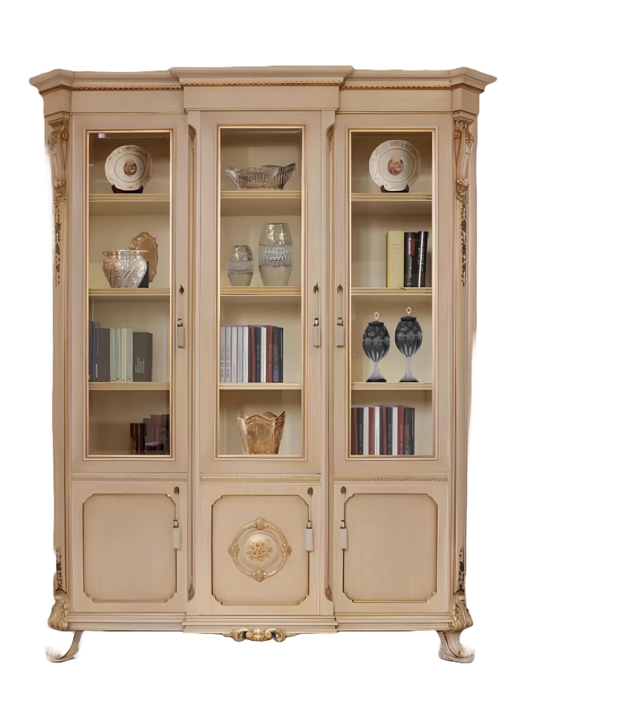 Xlmoebel Vitrine Großes Luxus-Vitrinenschrank-Set aus Holz für das Wohnzimmer in Beige (Vitrine) Hergestellt in Europa