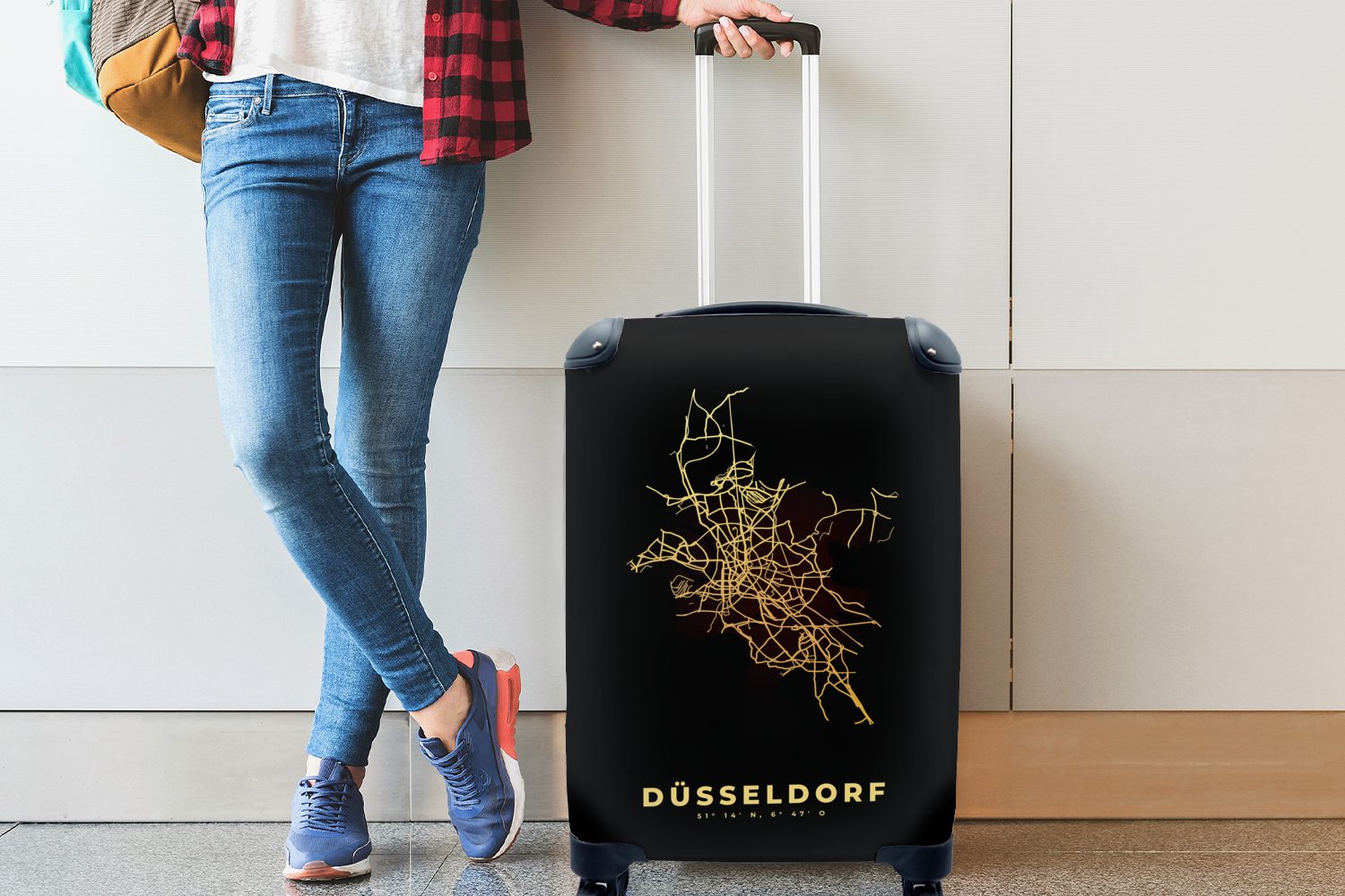 Reisetasche rollen, Handgepäckkoffer für Düsseldorf - Handgepäck Ferien, Gold Stadtplan, 4 MuchoWow - - Rollen, mit Trolley, Karte Reisekoffer