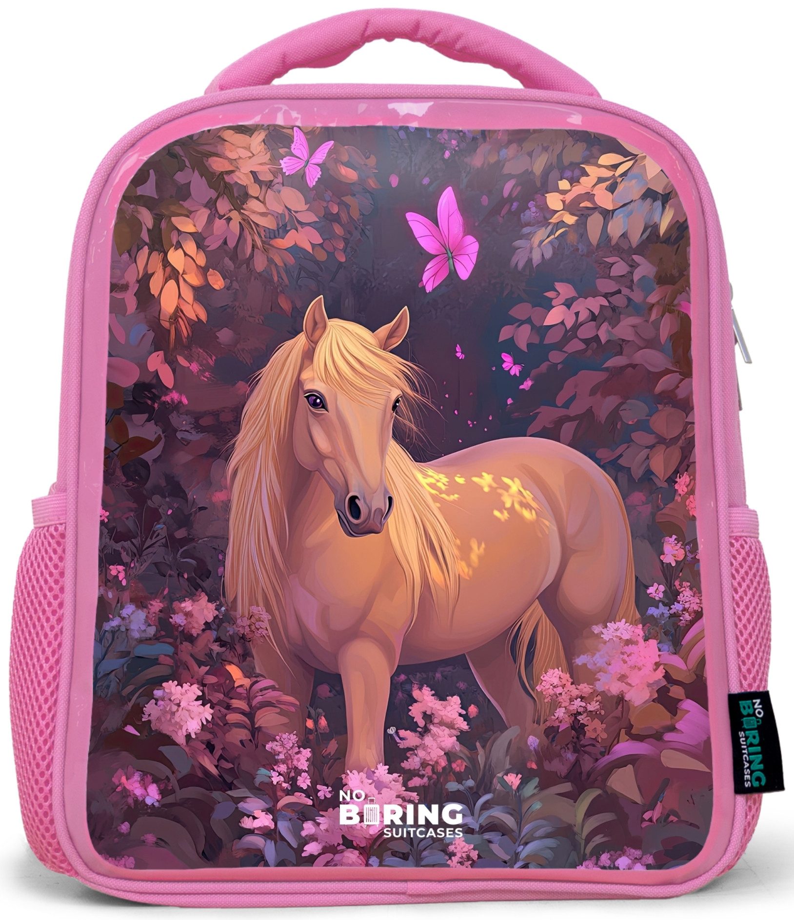 NoBoringSuitcases.com© Rucksack Rosa - Pferd - Blumen - Lila - Schmetterling, Kinderrucksack, Schulrucksack, Freizeitrucksack, Mädchen, Kindergarten