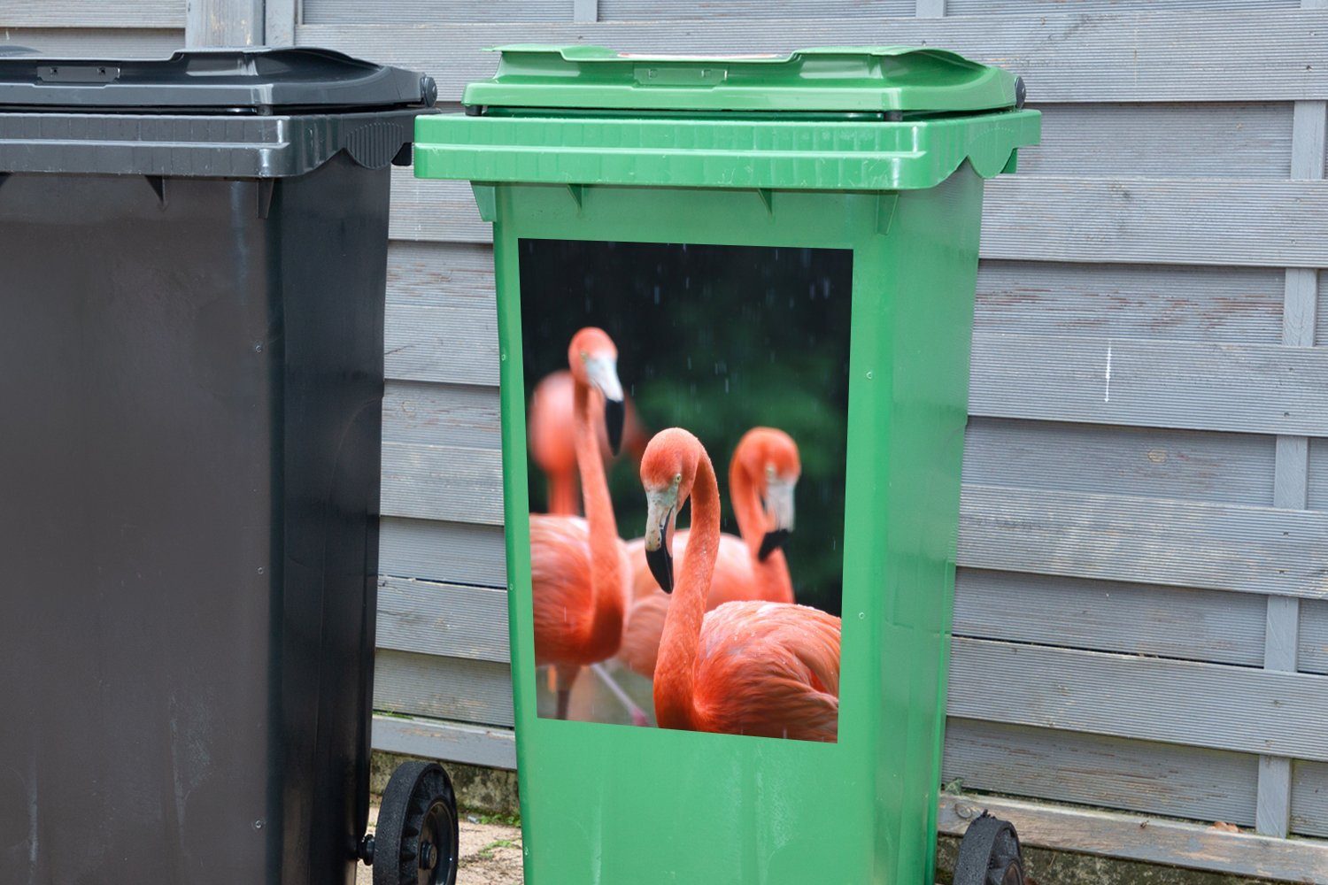 Wandsticker Container, (1 Mülleimer-aufkleber, Regen Flamingos im Abfalbehälter MuchoWow St), Mülltonne, Sticker,