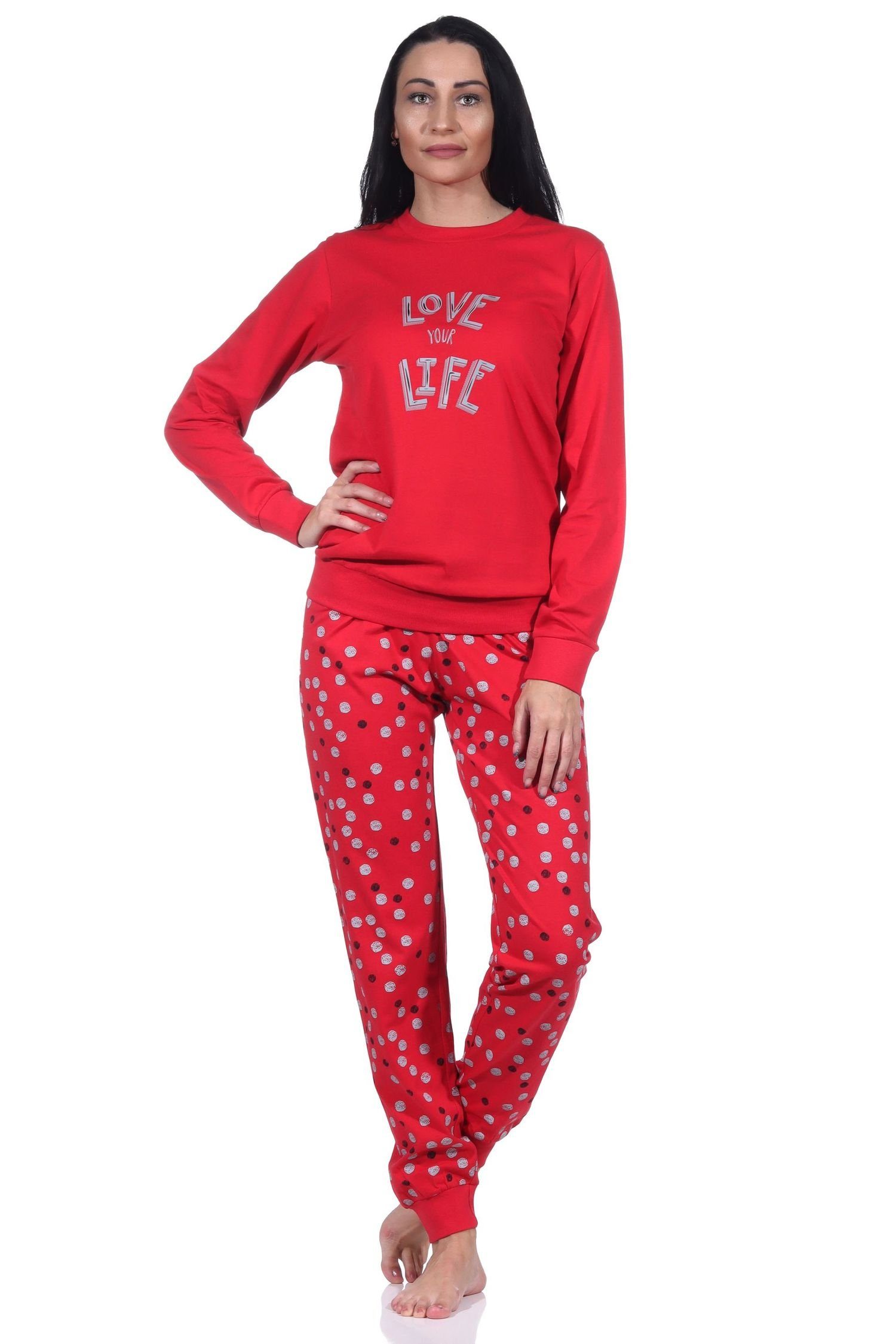 Normann Pyjama Normann Damen langarm Schlafanzug mit Bündchen in Herz Punkte Optik rot