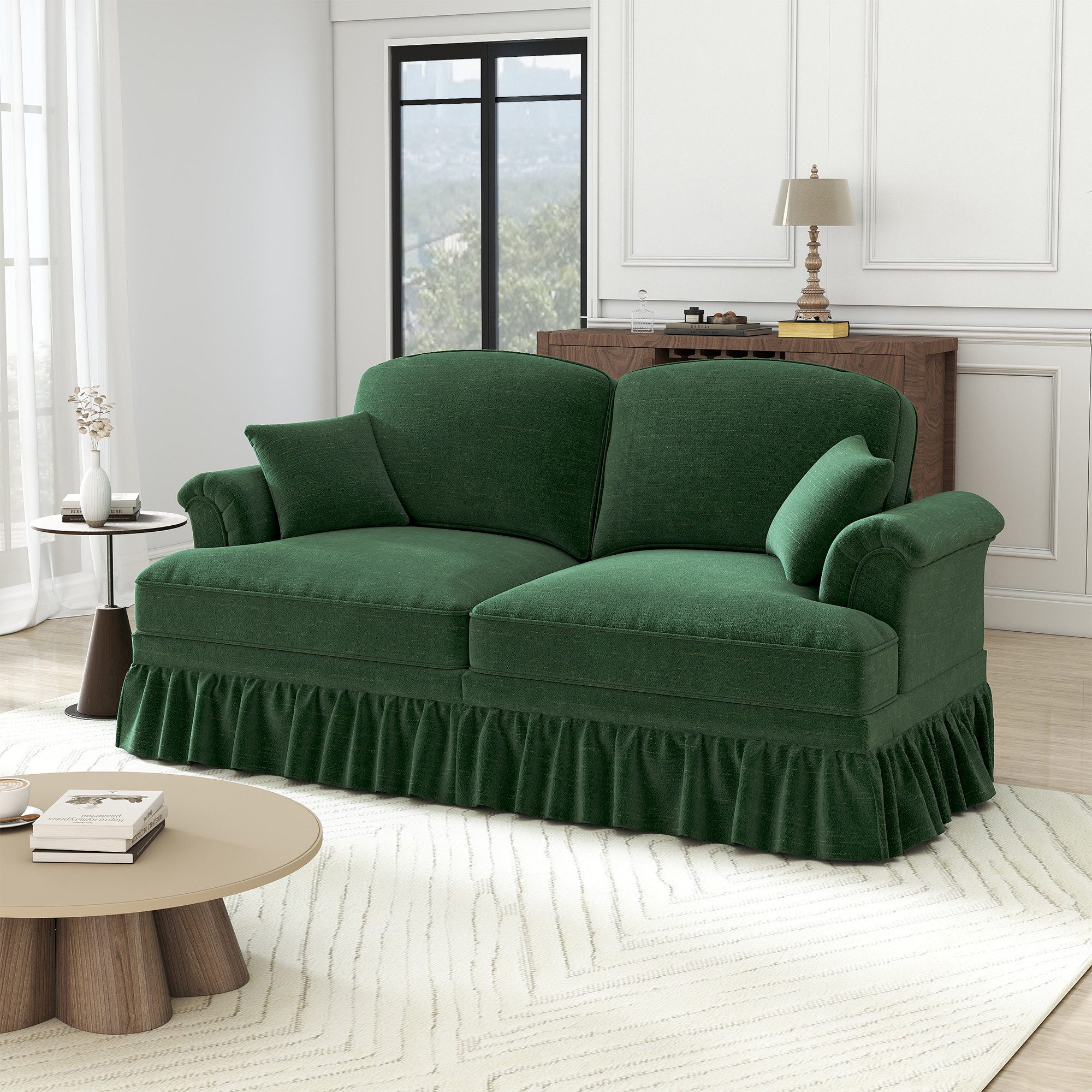 Odikalo Big-Sofa Ecksofa mit Schlaffunktion und Volant, Elegantes Mid-Century 2-3-4-5-Sitzer Sofa aus Chenille mit Trichter-Armlehnen, abnehmbarer Rüschenschürze & spindelförmigen Beinen – Komfortables Sofa fürs Wohnzimmer, Mehrfarbig