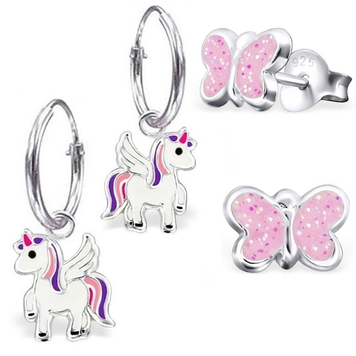 Goldene Hufeisen Creolen-Set 2 Einhorn Silber Mädchen (inkl. Kinderschmuck Ohrstecker 925 Kinder Set 4-tlg), Etui, Creolen Paar