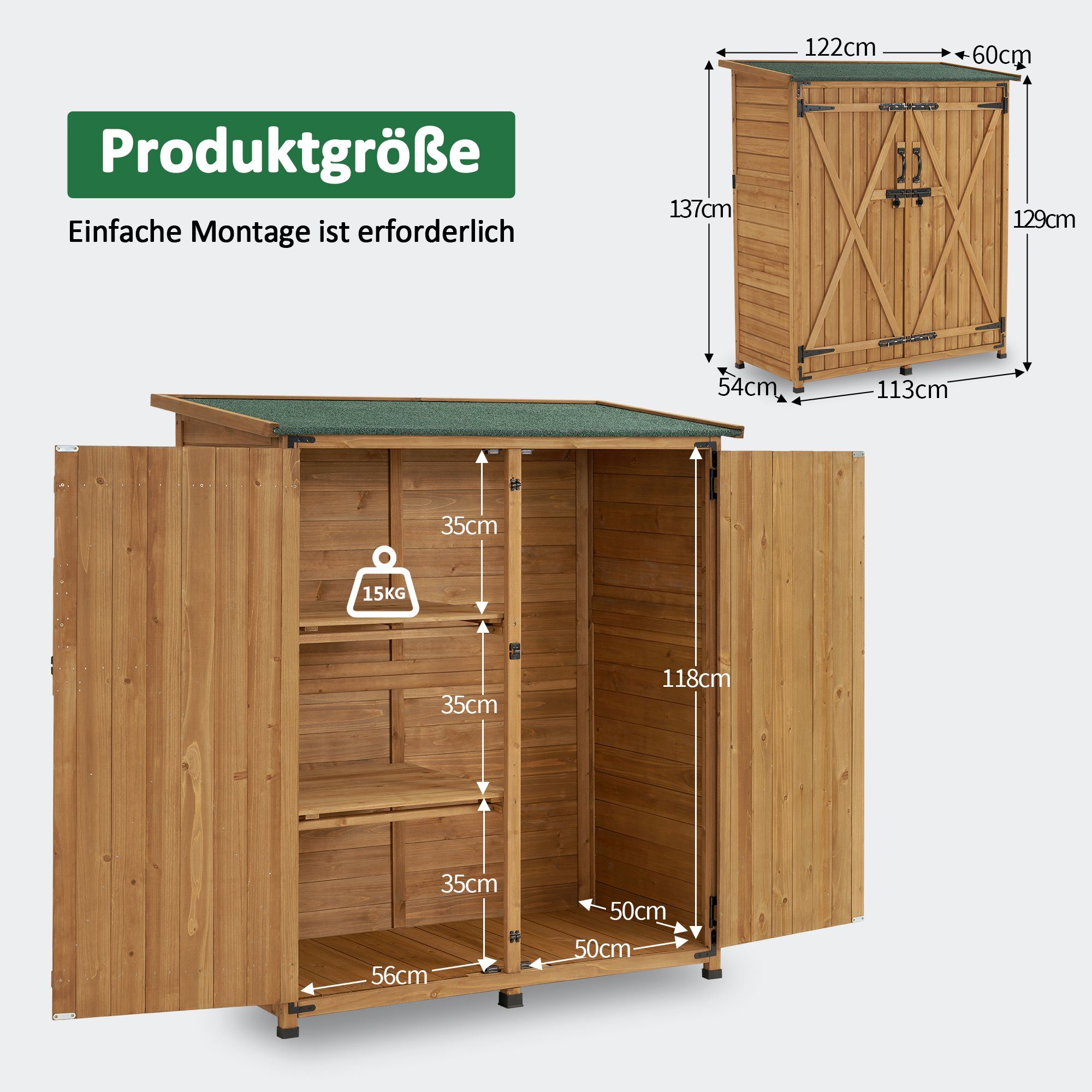 Außenbereich 122×60×137cm MCombo Klein 0707, Gartenhaus MCombo Outdoor M Gartenbox Wetterfest Natur Gartenschrank Holz