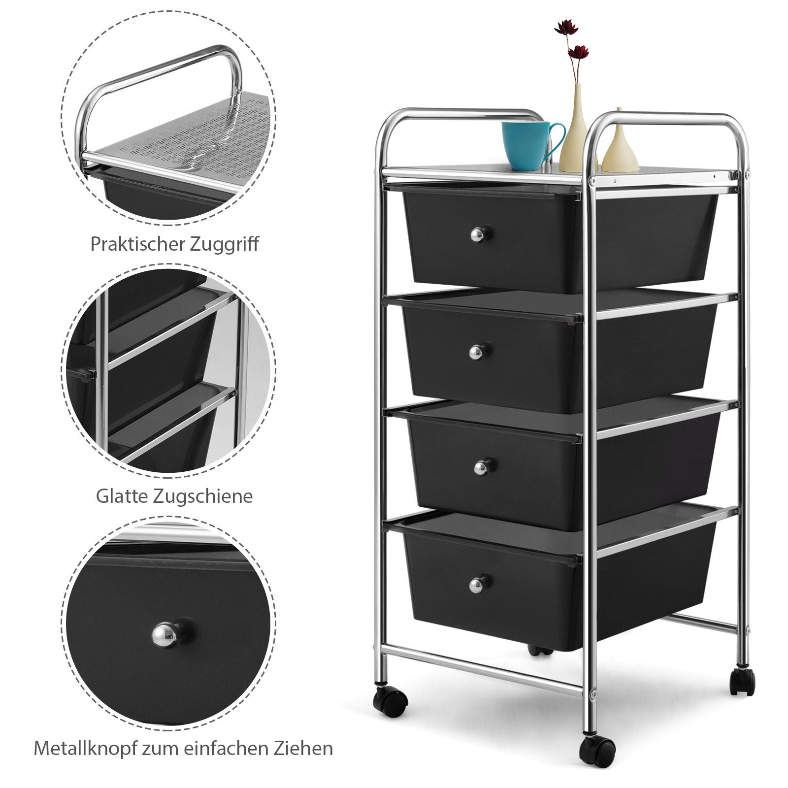 COSTWAY Rollwagen, mit Regal, Schmal, 37x32x76cm Metall, 4 Schubladen und Schwarz