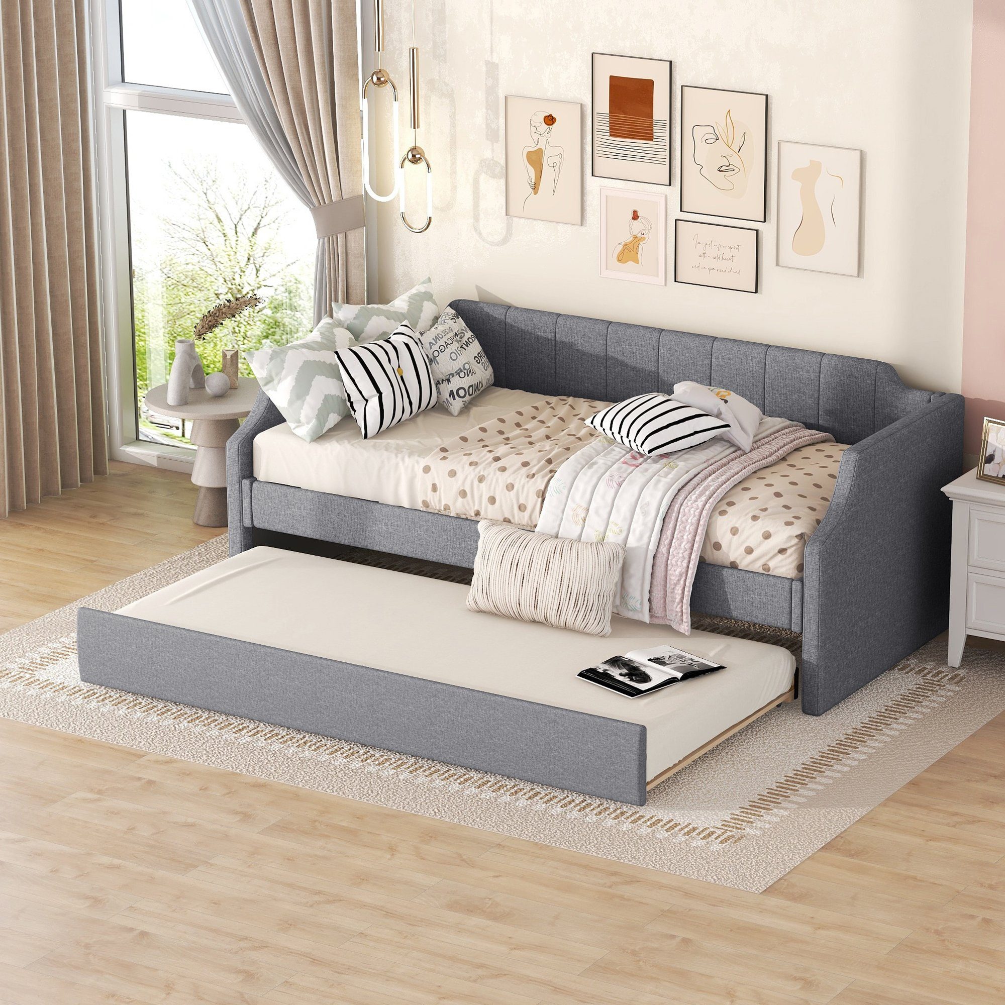 OKWISH Bett Einzelbett ausziehhare Liegeffäche Schlafsofa (Gepolstertes Single Daybed mit Rollbett, 90 x 200(190) cm), Ohne Matratze Grau