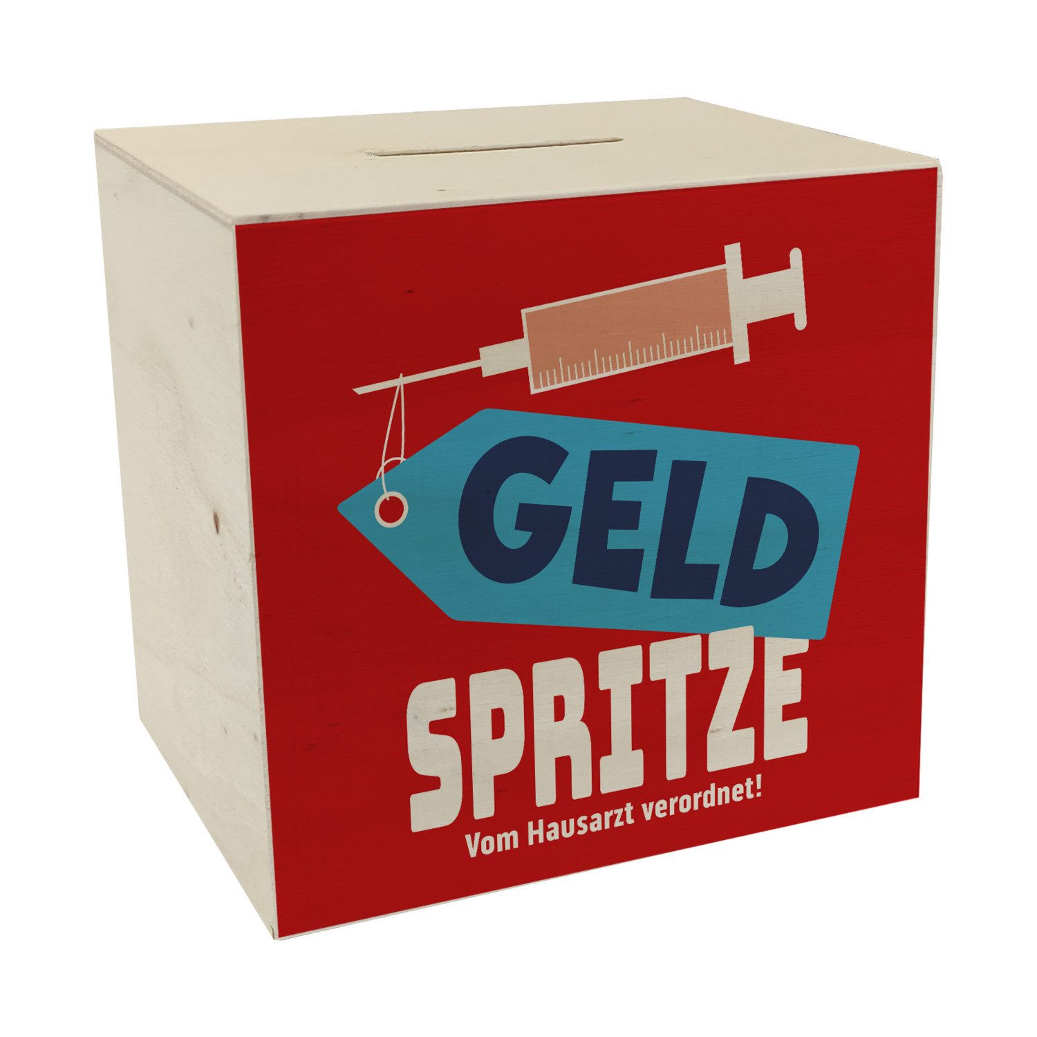 Spardose Geldgeschenk Spardose aus Holz mit Geldspritze Motiv in Rot