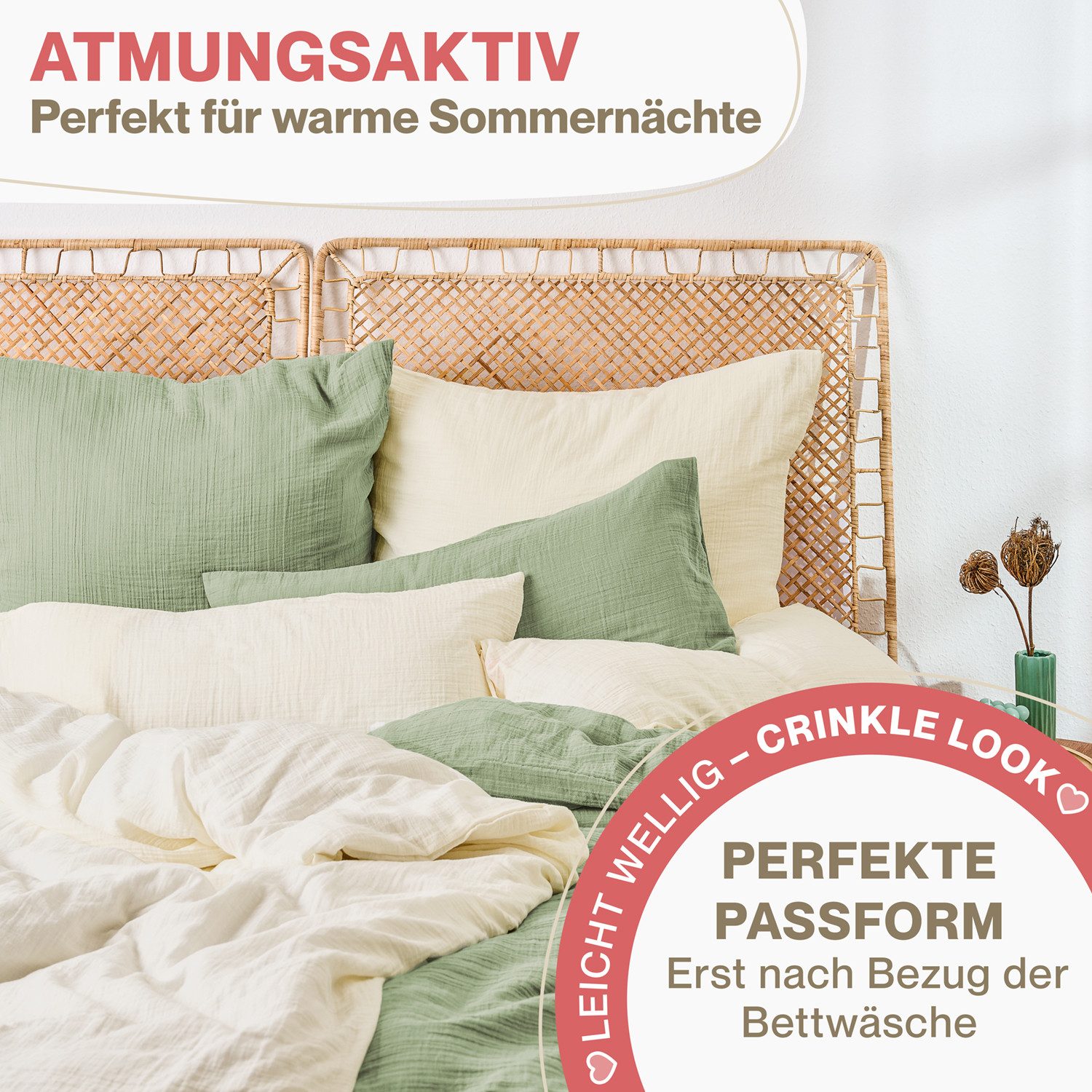 Blumtal Kissenbezug Musselin Kissenbezug - Oeko-TEX zertifiziertes Musselin Kopfkissen, (2 Stück), 100% Baumwolle