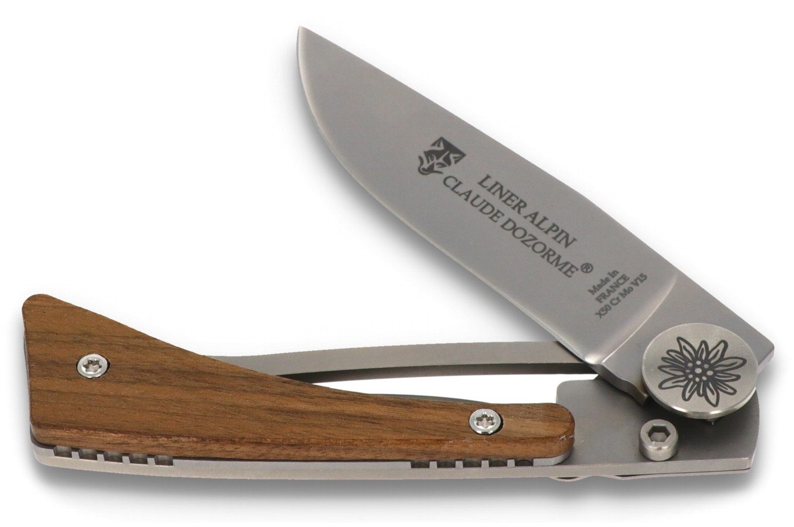 Claude Dozorme Taschenmesser 1 25 142 06, "Alpin" - Griff 10,5 cm Nussbaum - LinerLock - Gürtelclip - Stahl matt