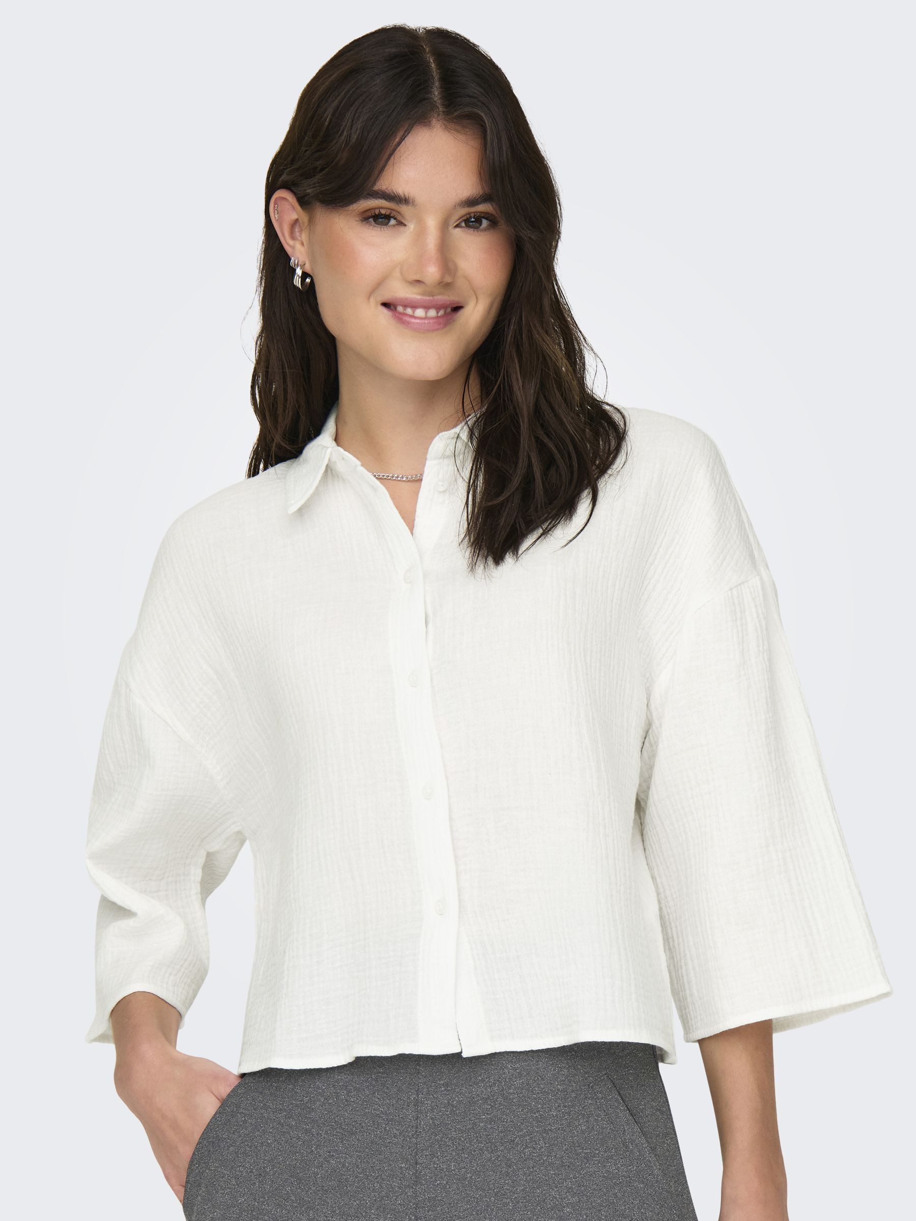 JACQUELINE de YONG Blusenshirt Legere Crepe Bluse Weite Ärmel 3/4 Hemdkragen 7316 in Weiß