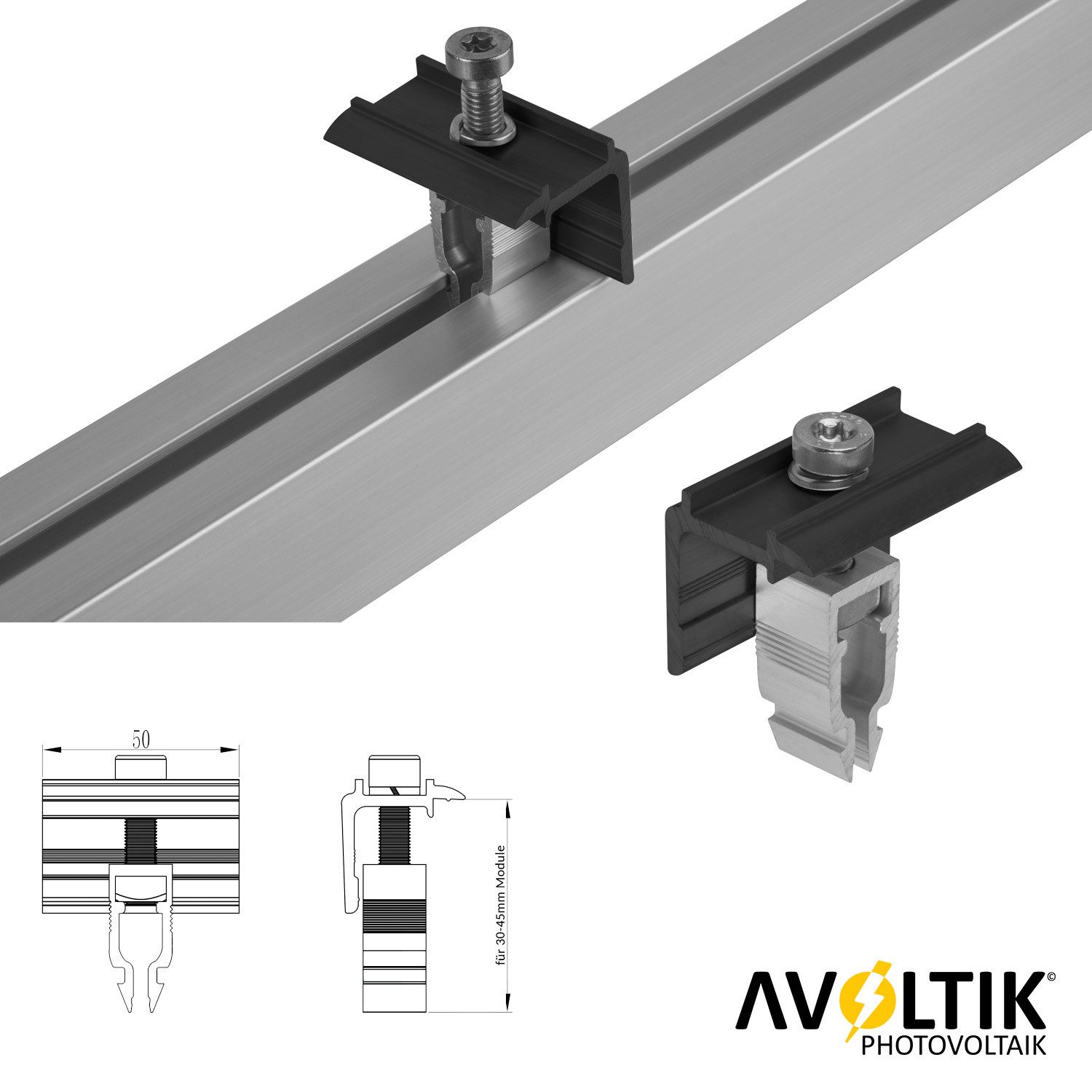 avoltik Solarmodul-Halterung Endklemme Mittelklemme silber o. schwarz 2x o. 4x PV Halterungen, (Endklemme Mittelklemme silber o. schwarz 2x o. 4x PV Halterungen – Bild 2 von 5