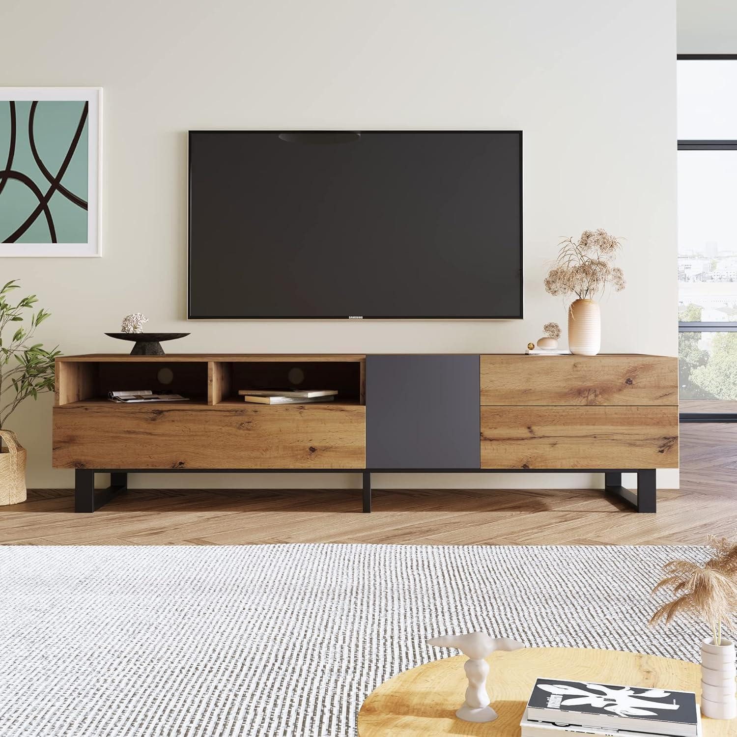 LuxusKollektion Lowboard Lowboard TV 180 cm 2 Schubladen Schwarz und Holzfarbe(180x33x50cm)