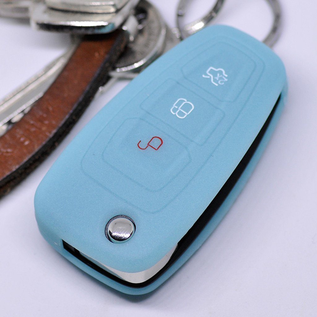 mt-key Schlüsseltasche Autoschlüssel Softcase Silikon Schutzhülle fluoreszierend Blau, für Ford Mondeo Focus S-Max Fiesta Transit 3 Tasten Klappschlüssel