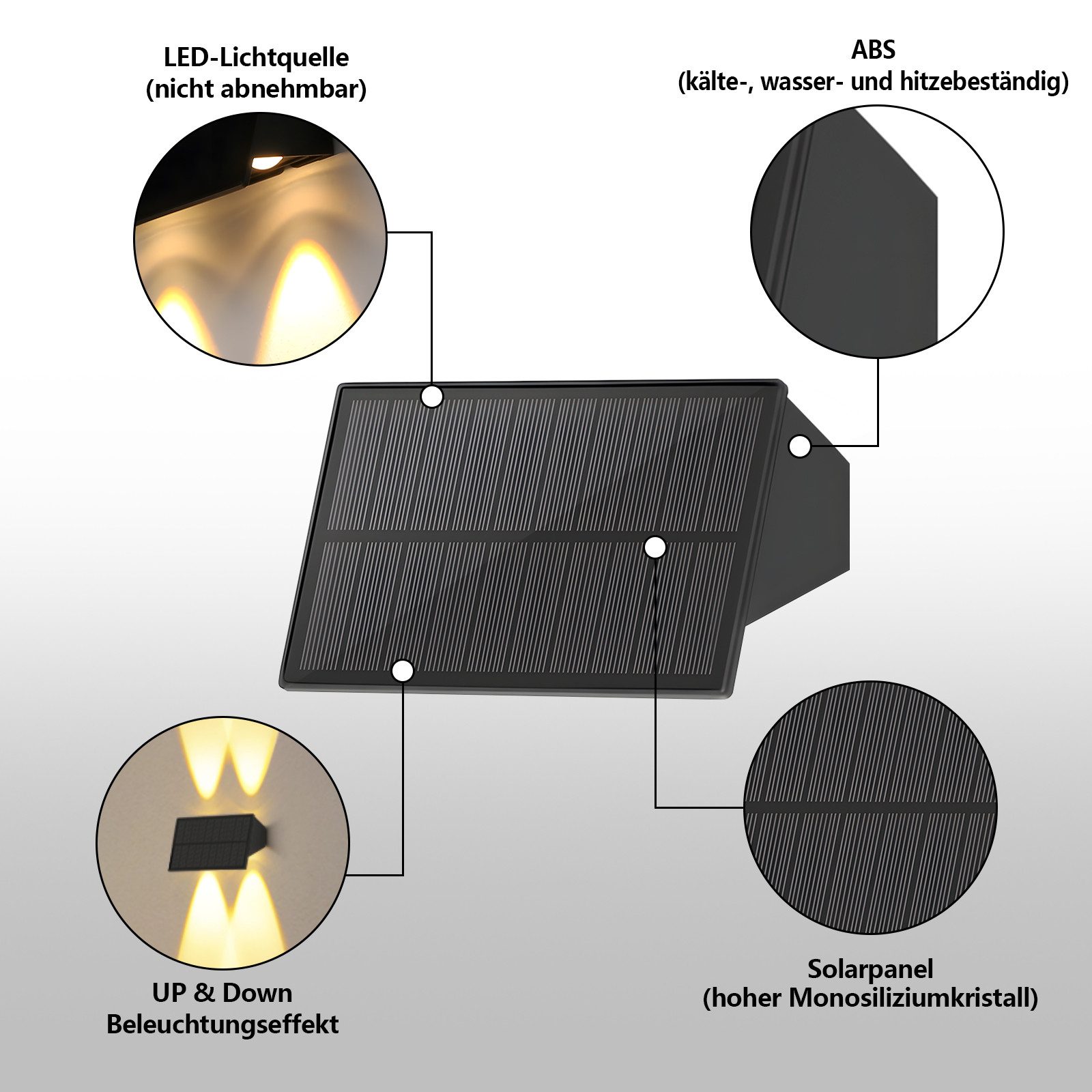 Nettlife LED Außen-Wandleuchte Solarbetrieben Set Up-Down-Strahl kabellose Außenbeleuchtung 3000K, LED fest integriert, Warmweiß, 1/2/4er Set warmweiß für Wand Zaun Terrasse Balkon