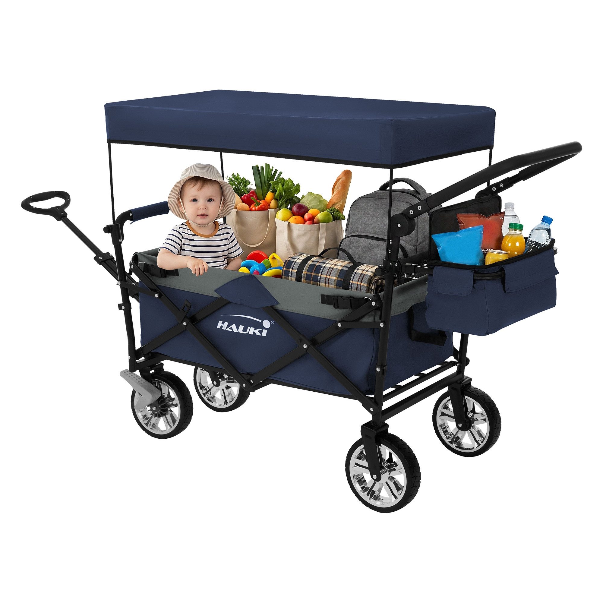 Hauki Bollerwagen Handwagen Transportwagen XXL faltbar klappbar mit Bremse Dach & Tasche, Gerätewagen Blau/Grau für Kinder Strand Picknick Camping bis 120 kg