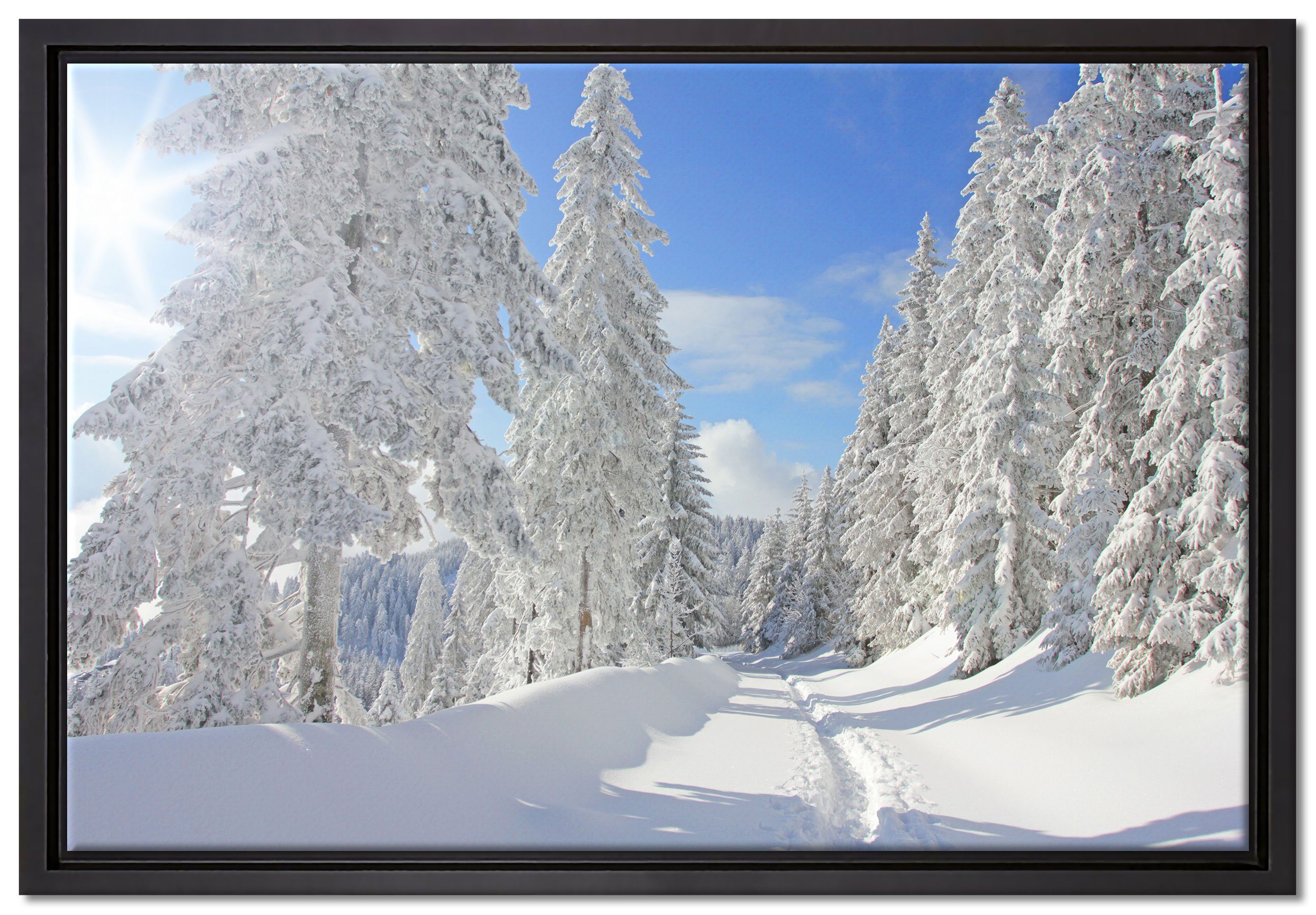 Pixxprint Leinwandbild Winterlandschaft Bäume, Wanddekoration (1 St), Leinwandbild fertig bespannt, in einem Schattenfugen-Bilderrahmen gefasst, inkl. Zackenaufhänger