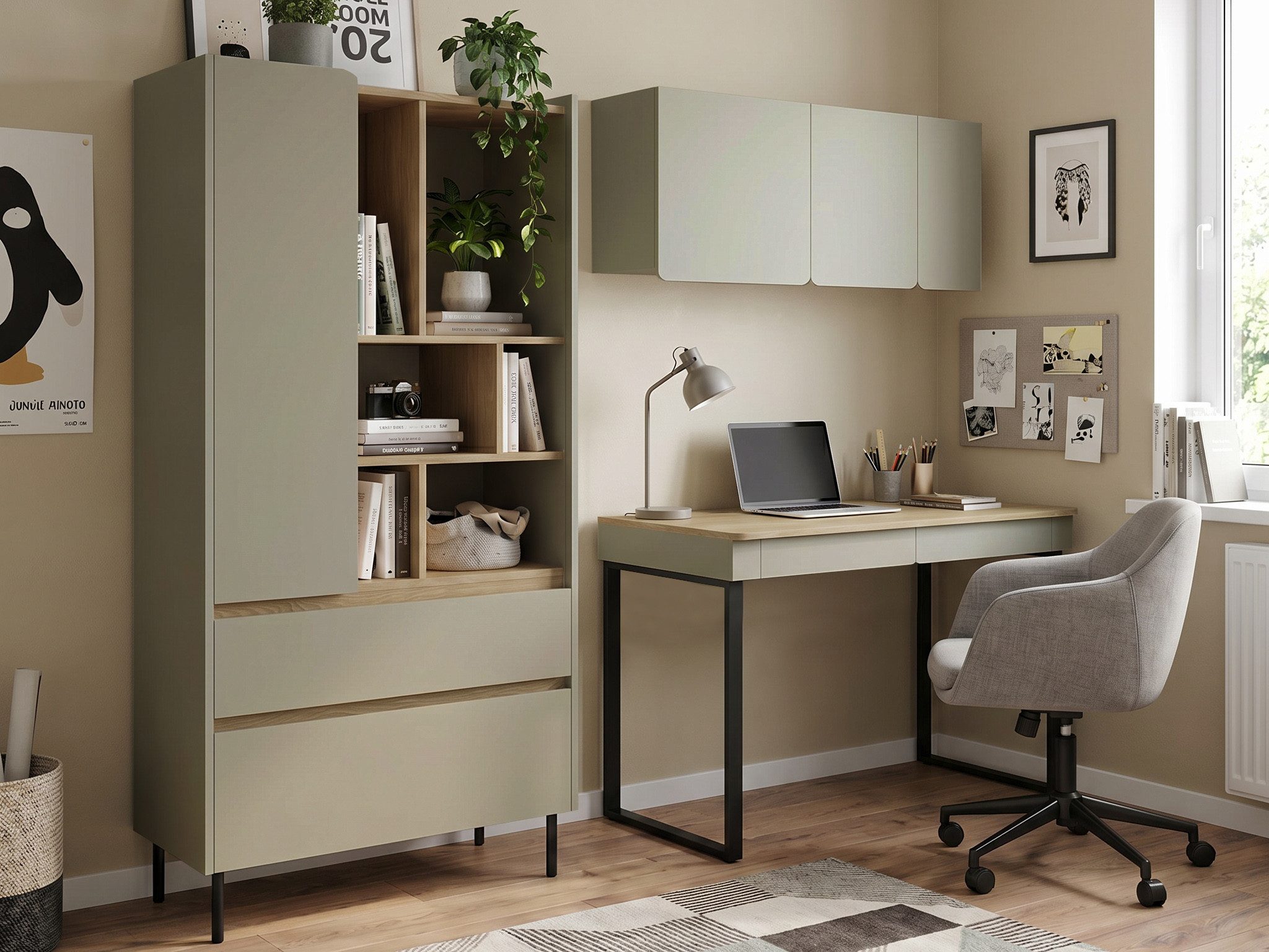 Beautysofa Jugendzimmer-Set LICO im modernen Stil, grifflos, (Kinderzimmer Möbel, Bücherregal Schreibtisch Hängeregal), Farben Sandbeige oder Eukalyptus