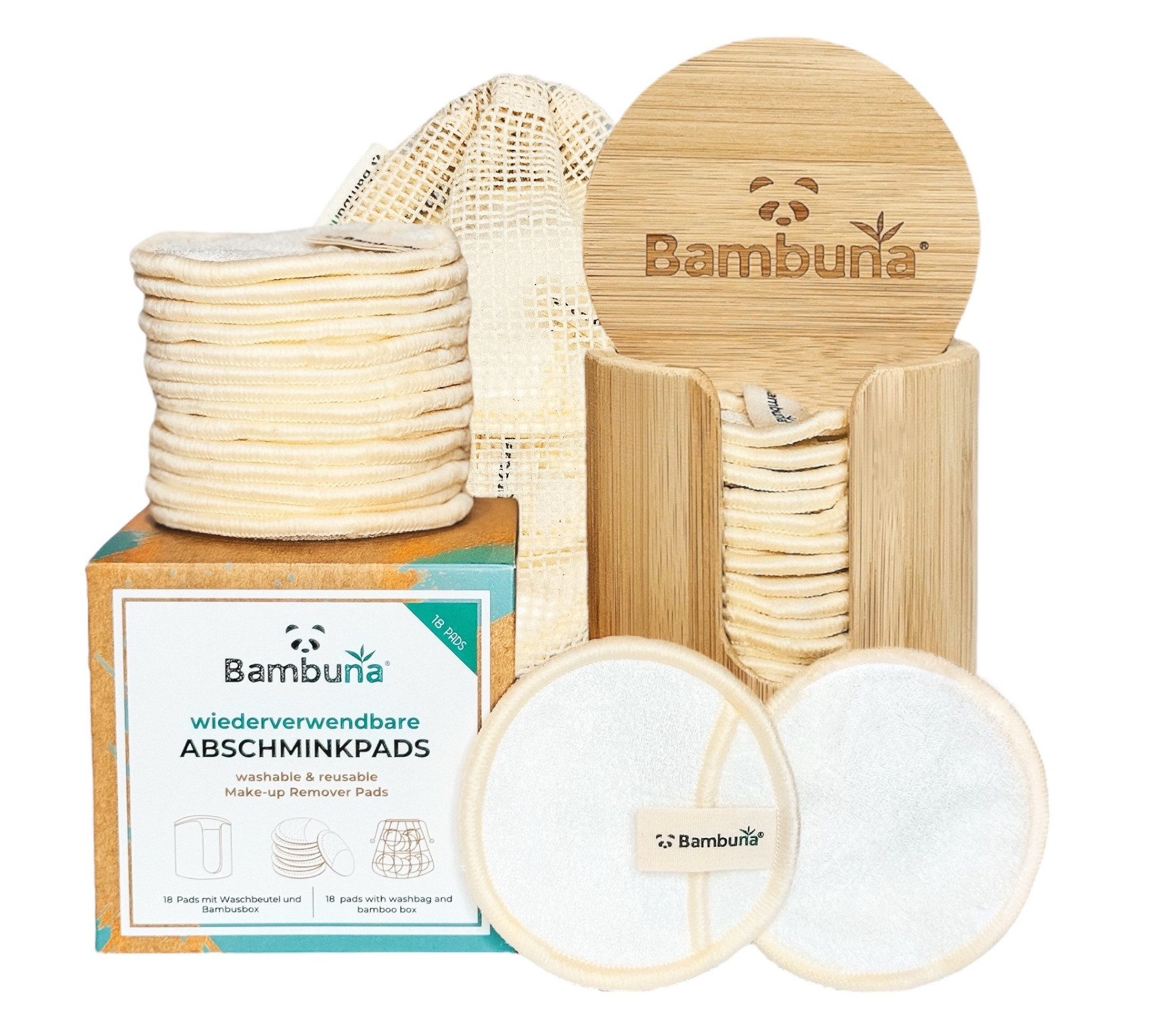 Bambuna Abschminkschwamm Wiederverwendbare Wattepads mit Bambusbox und Waschbeutel, Abschminkpads waschbar - nachhaltige Abschminktücher - Make Up Entferner Pads - weiche Reinigungspads, 15 tlg., Spar Set, Made in Germany