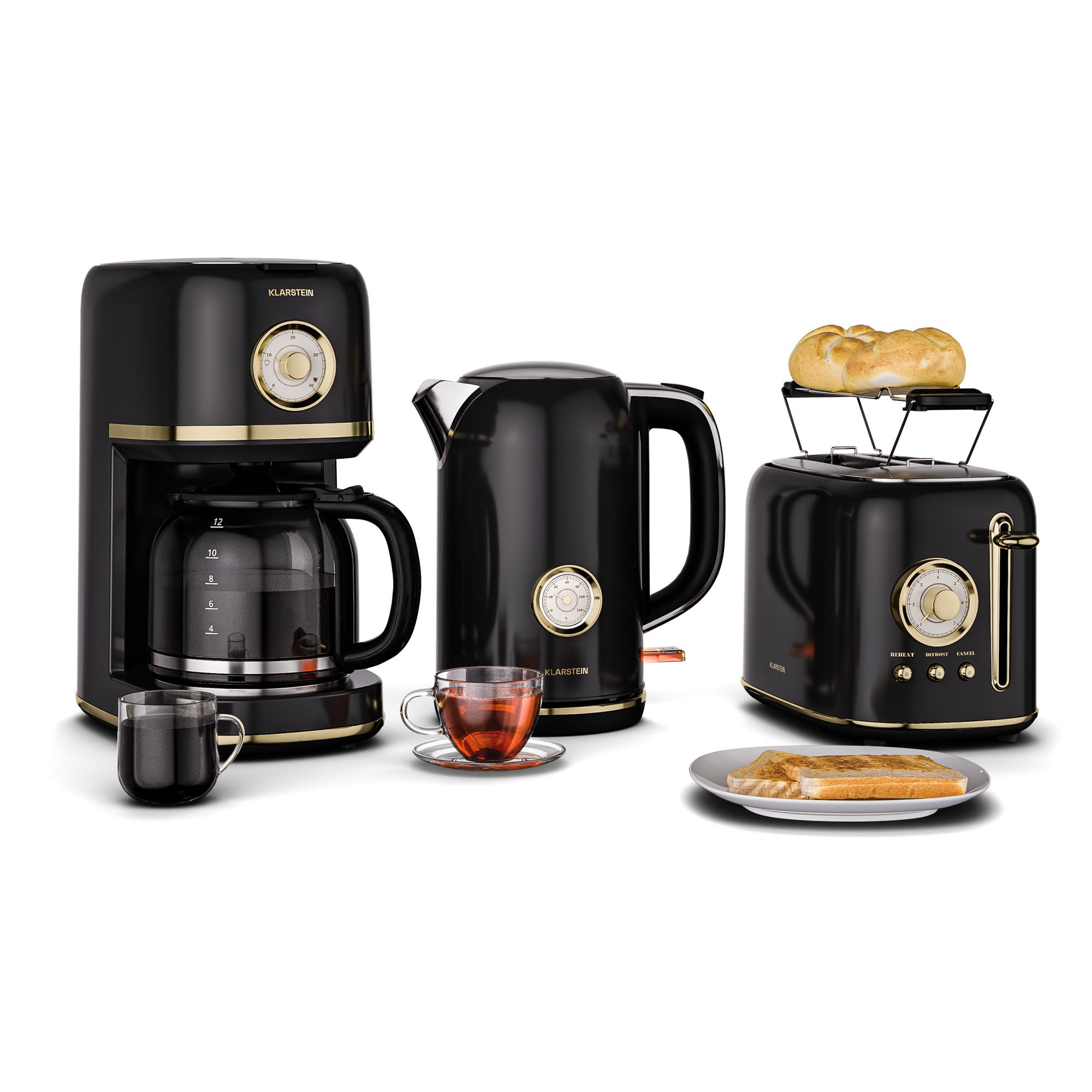 Klarstein Frühstücks-Set Victoria (4-tlg), Toaster 800W Wasserkocher 1,7 L 2200W Kaffeemaschinen 900W Schwarz