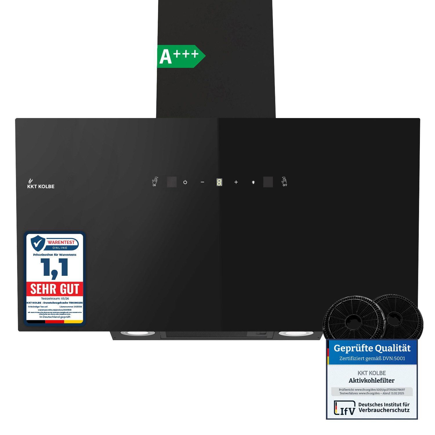 KKT KOLBE Wandhaube Dunstabzugshaube 90cm TRIO9025S Dunstabzugshaube 90cm TRIO9025S, Abzugshaube / Abluft / 90cm / Umluft / Schwarz / Gestensteuerung / LED