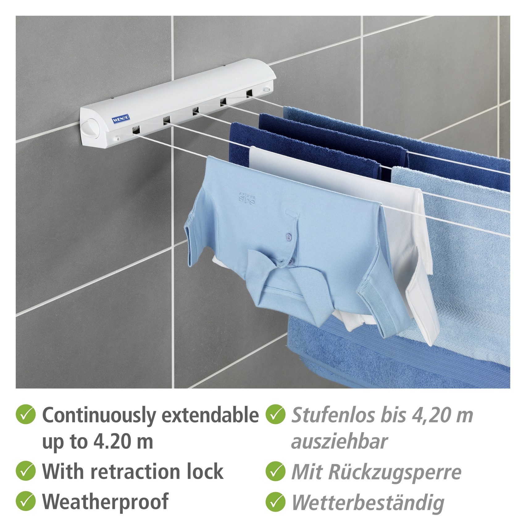 WENKO Wand-Wäscheleine, ausziehbar auf 4,20 m, wetterbeständig, ca. 21 m Gesamttrockenlänge