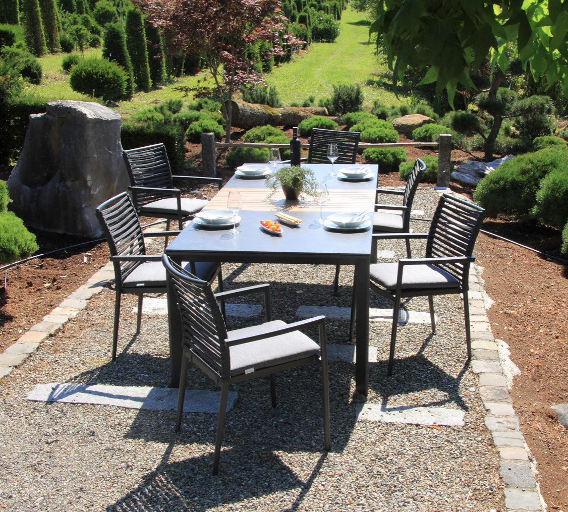 acamp Garten-Essgruppe 7-teiliges Stapelstuhl Set New Jersey inkl. erweiterbaren Tisch, (Gartenmöbel Set), stapelbar, Sitzgruppe, Lounge-Set, Gartentisch 180x66x100 cm