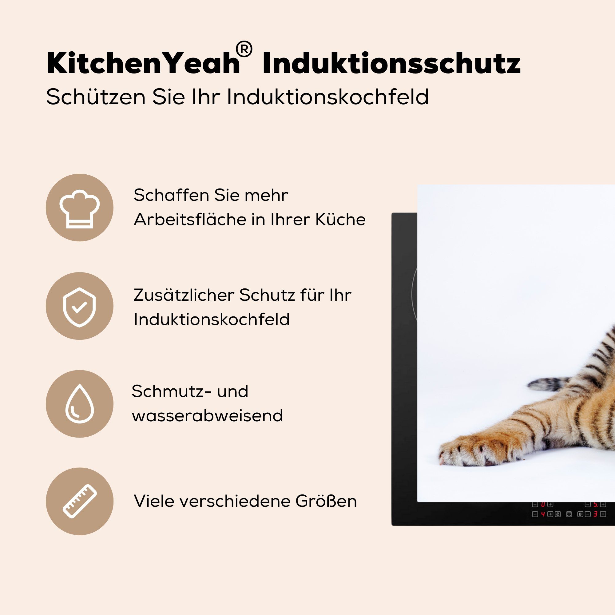 - 81x52 Herdblende-/Abdeckplatte küche, Vinyl, Weiß, Schutz für (1 Induktionskochfeld die - Ceranfeldabdeckung MuchoWow cm, Schlafen tlg), Tiger