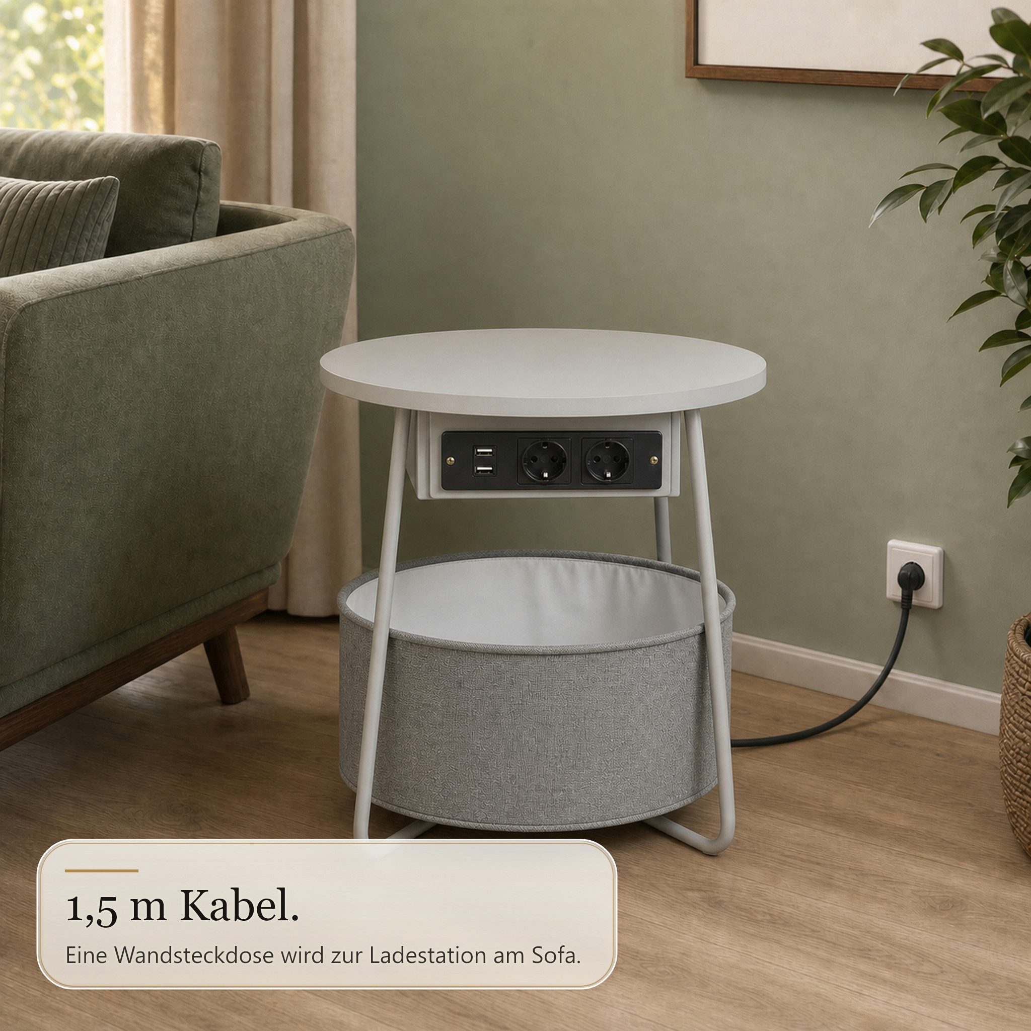 Floordirekt Couchtisch Dario Runder mit 2 Steckdosen A Stauraumkorb 2 USB 4 Farben (Einzelartikel), Integrierte Stromanschlüsse und USB-Ports – Bild 5 von 5
