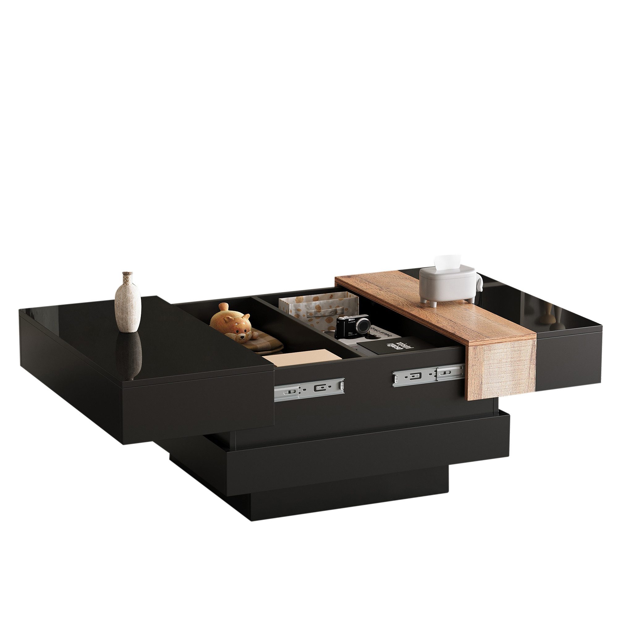 Merax Couchtisch Hochglanz Sofatisch Beistelltisch in Weiß/Schwarz & Holzoptik (1-St., 70×70×39 cm), Wohnzimmertisch mit ausziehbarer Tischplatte & verstecktem Stauraum