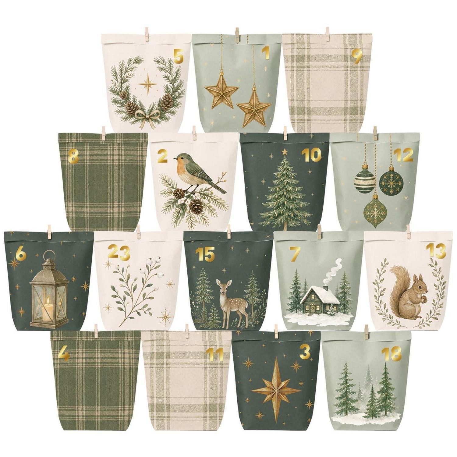 LuxusKollektion DIY-Adventskalender Adventskalender zum Befüllen 24 Papier Tütchen Grün Waldgrün