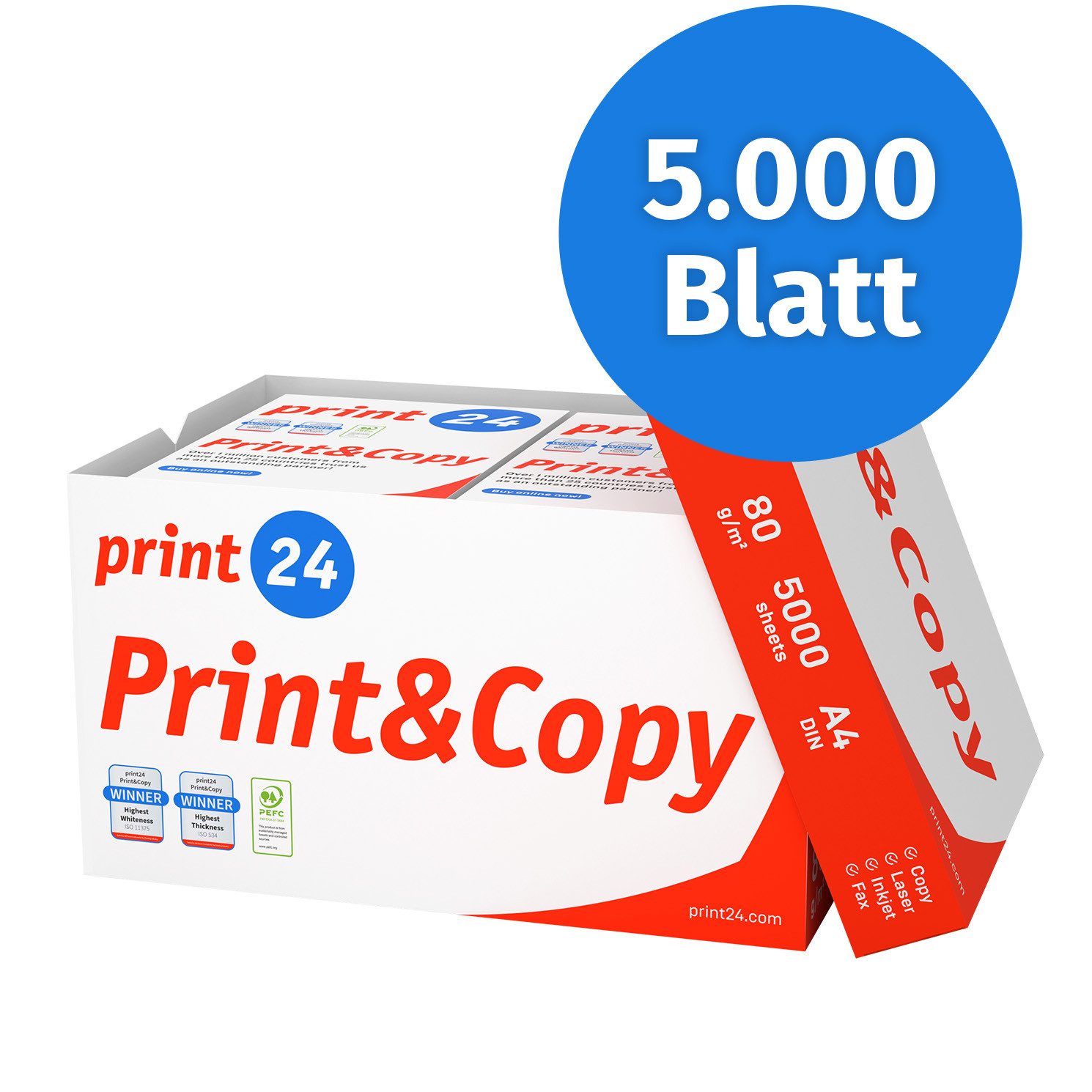 print24 Druckerpapier Kopierpapier 5000 Blatt A4 80g Premium Weiß PEFC zertifiziert