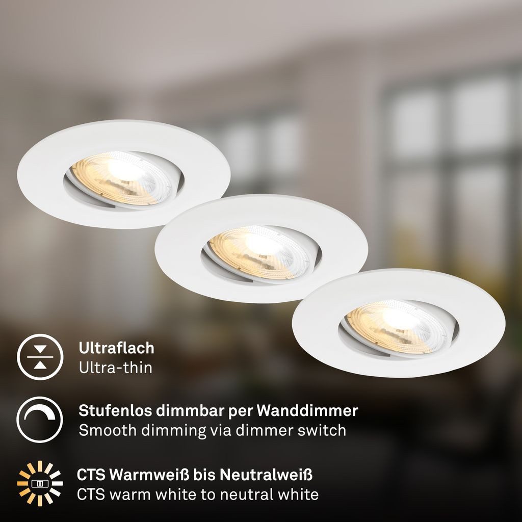 Briloner Leuchten LED Einbaustrahler LED Einbaustrahler 3er Set Schwenkbar CCT Dimmbar, LED fest integriert, 4000K - Neutralweiß, 2700K - Extra-Warmweiß, 3000K - Warmweiß, 90x24 mm, Wohnzimmer, Flur