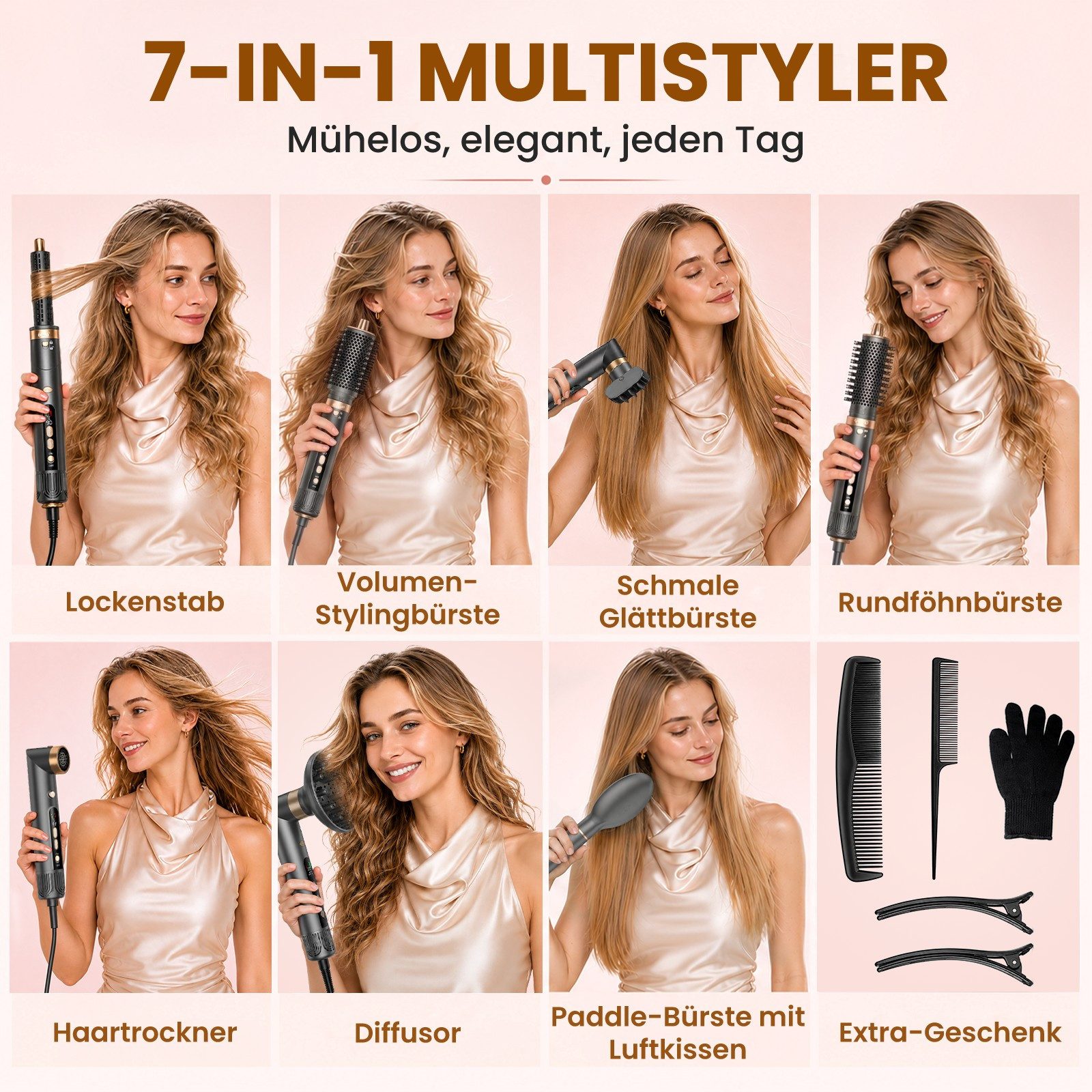 SWGOTA Multihaarstyler 7 in 1 Hairstyler -Trocknen,Glätten,Locken & Volumen Warmluftbürste, 200Mio. Ionen gegen Frizz,1300W,110.000 U/min Motor & 40 m/s Luftstrom