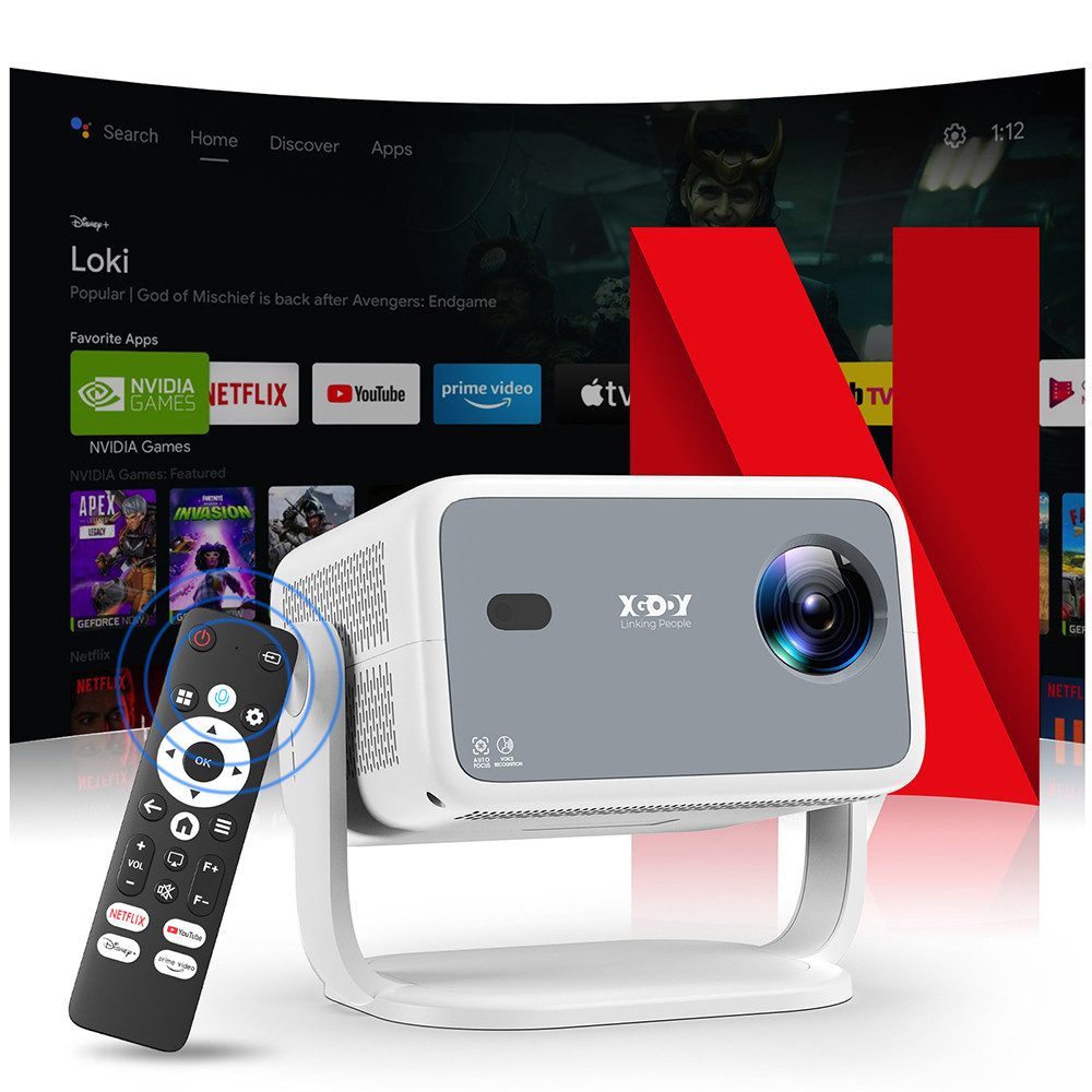 XGODY N6 Projektor, natives 1080P Beamer 4K Mit Netflix Zertifizierung Beamer (3840 x 2160 px (700 ANSI) px, KI-Sprachunterstützung, Autofokus Projektor für Heimkino)