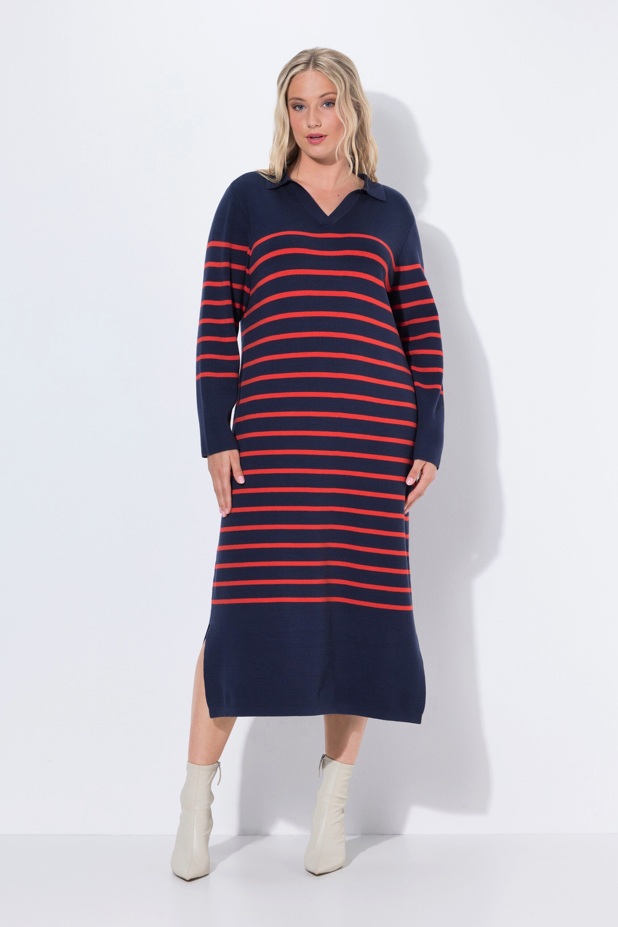 Ulla Popken Midikleid Strick-Midikleid Streifen Kragen günstig online kaufen