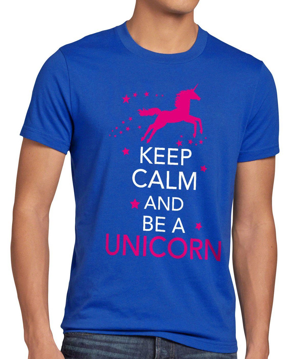 style3 Print-Shirt Herren T-Shirt Keep Calm and be a Unicorn Einhorn spruch fun funshirt pferd top blau