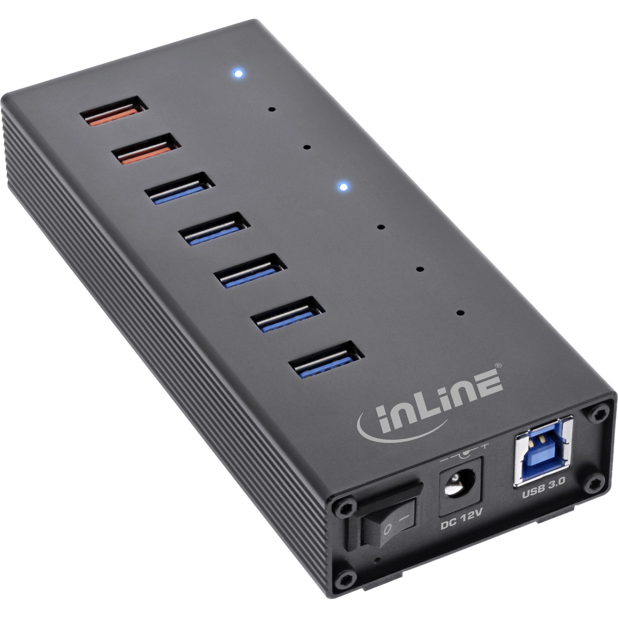 Mauspad InLine® USB 3.2 Gen.1 Hub 7 Port Aluminiumgehäuse schwarz mit 25A Netz