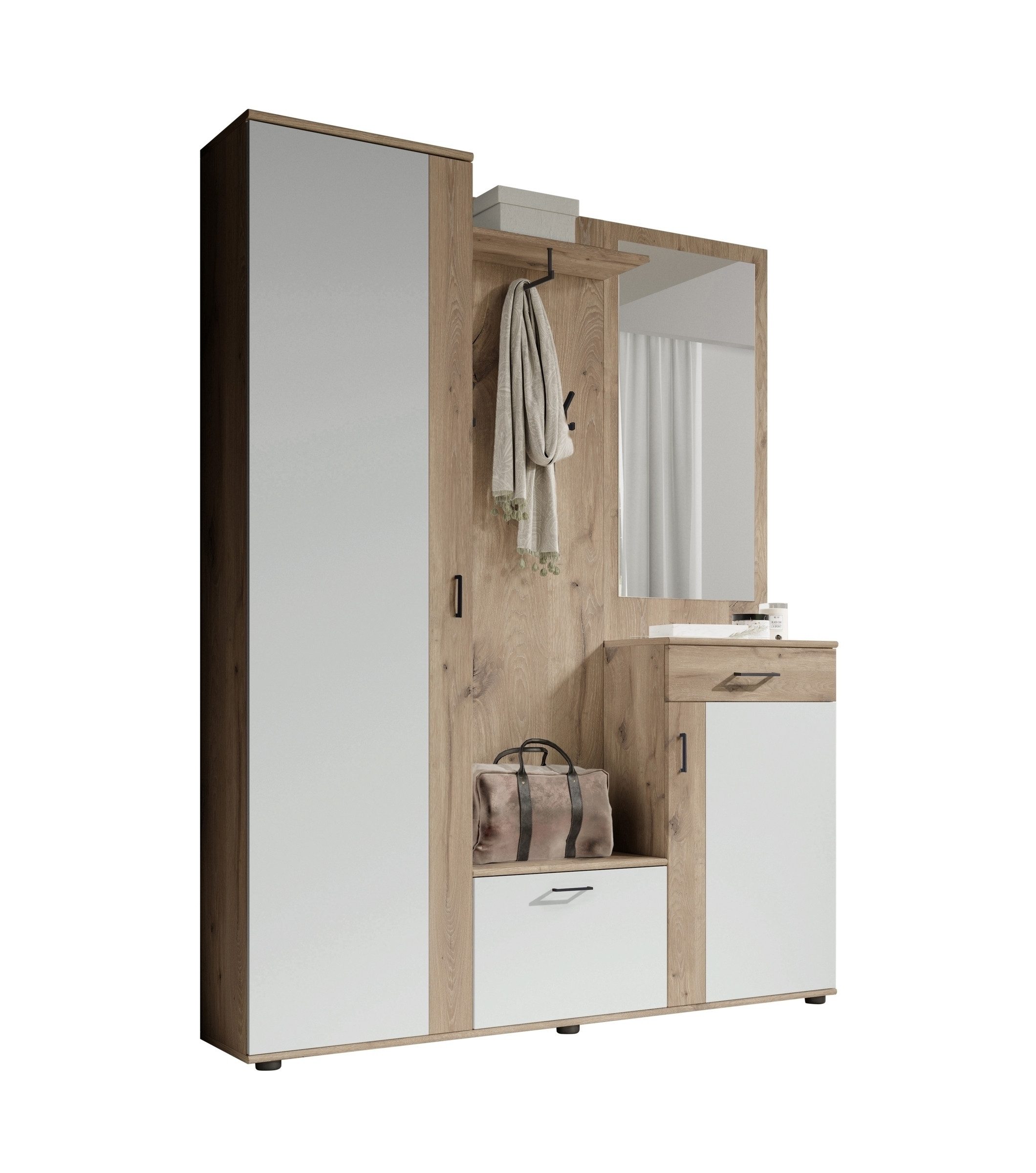 PREISBRECHER Kompaktgarderobe Jens in Viking Oak Dekor / Lichtgrau - 145x184x29cm (BxHxT)