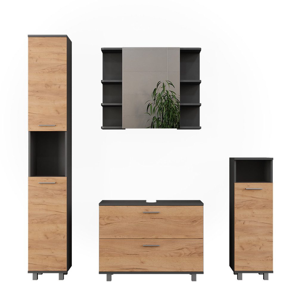 Badmöbel-Set Ilias, Goldkraft Eiche/Anthrazit/Anthrazit, 4 Teile