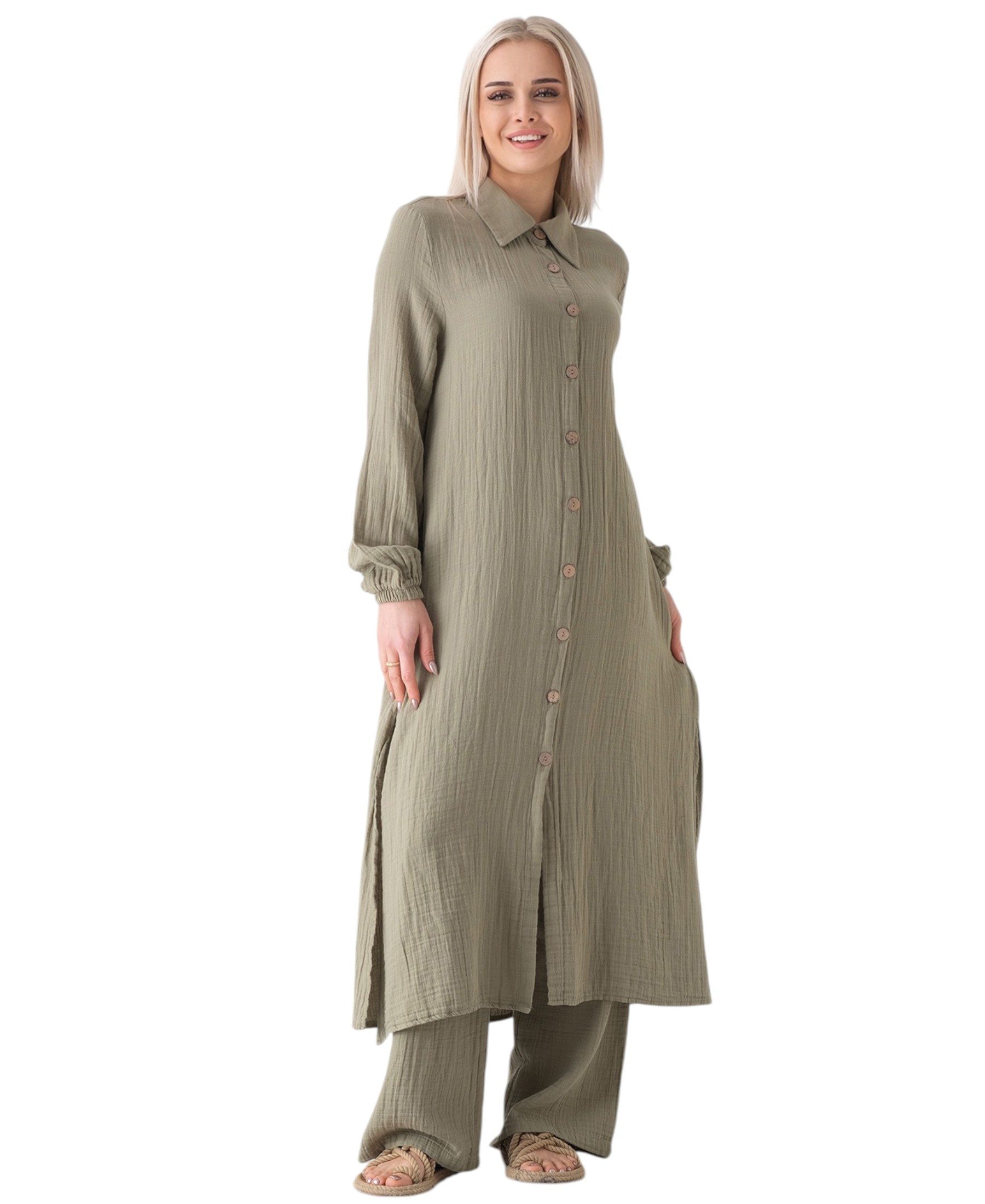 WENOR Longtunika Musselin 130cm lang Kokosknopf 100% Baumwolle Modest Look 36-50