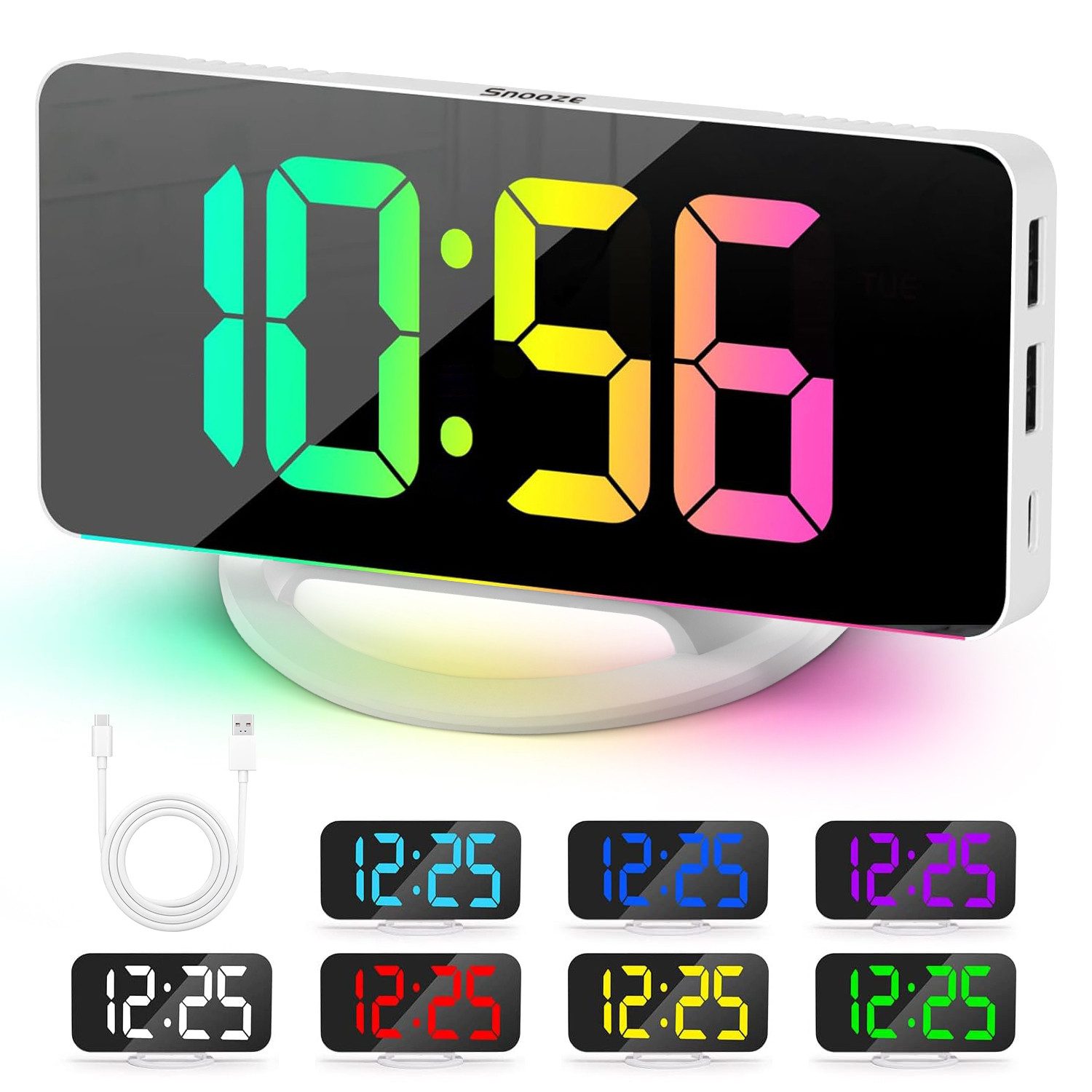 Wecker Wecker Spiegelwecker, 7-farbiger RGB-LED-Wecker Tischuhr Digitale Uhr