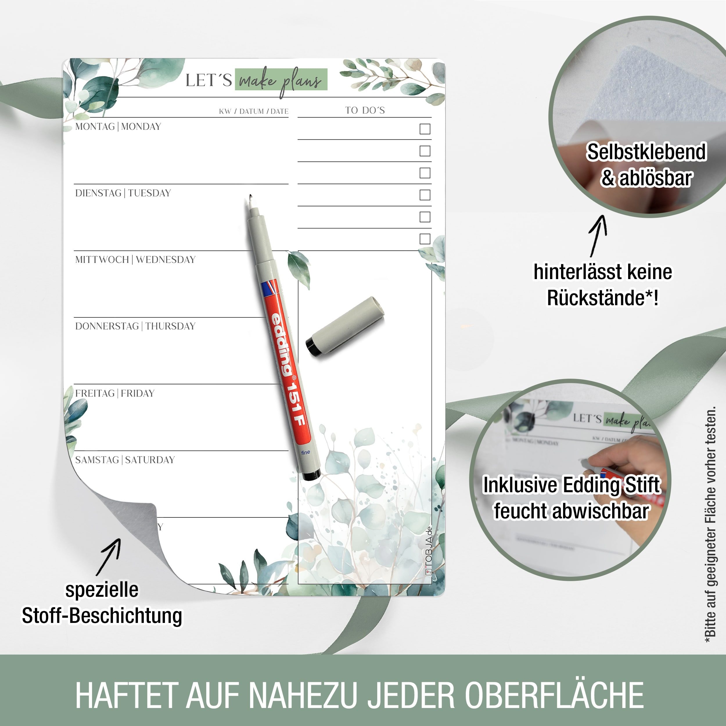 TOBJA Memoboard Menüplaner Woche, abwischbarer Wochenplaner inkl. Markenstift, Wiederverwendbarer Meal Planner für Familie & Küche