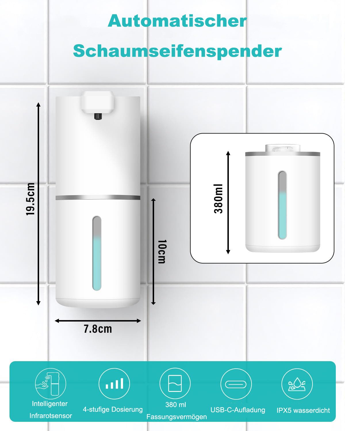 nsihing Seifenspender Automatischer Seifenspender Wandmontage – Elektrischer Seifenspender, (1-tlg), USB-C wiederaufladbar, wasserdicht für Küche & Bad