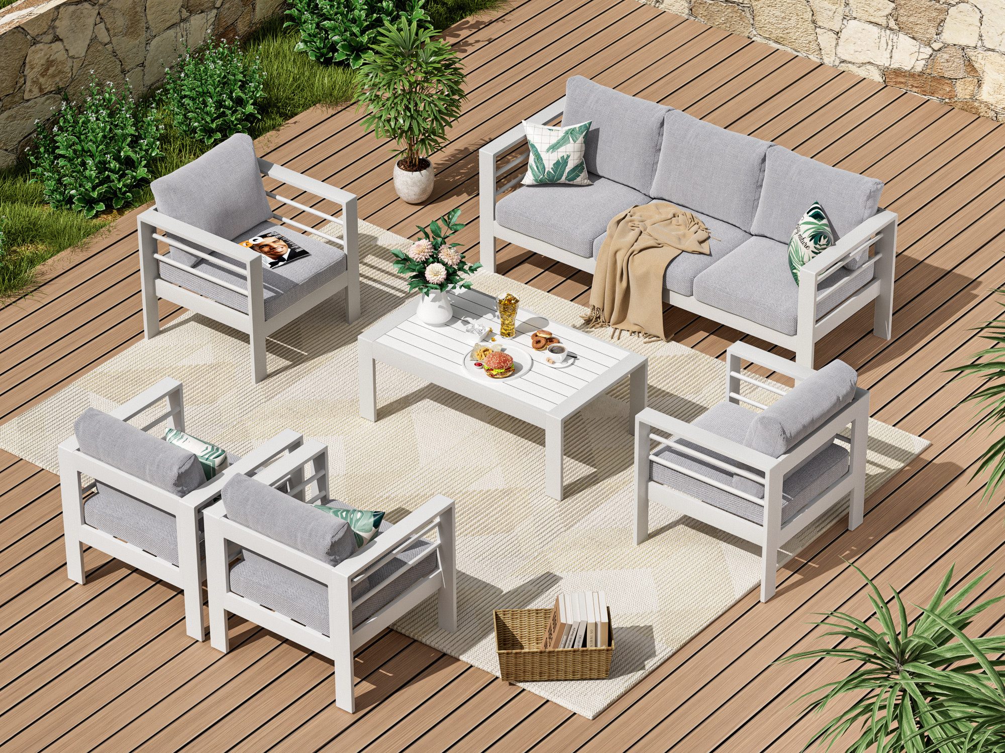 MeXo Gartenlounge-Set XXL Gartenmöbel Set Aluminium Outdoor, (Set, 6-tlg., 1×3-Sitzer Sofa, 4×Sessel, 1×Tisch, 14×Auflagen), wetterfest Sitzgruppe Essgruppe Gartengarnitur für 6-7 Personen