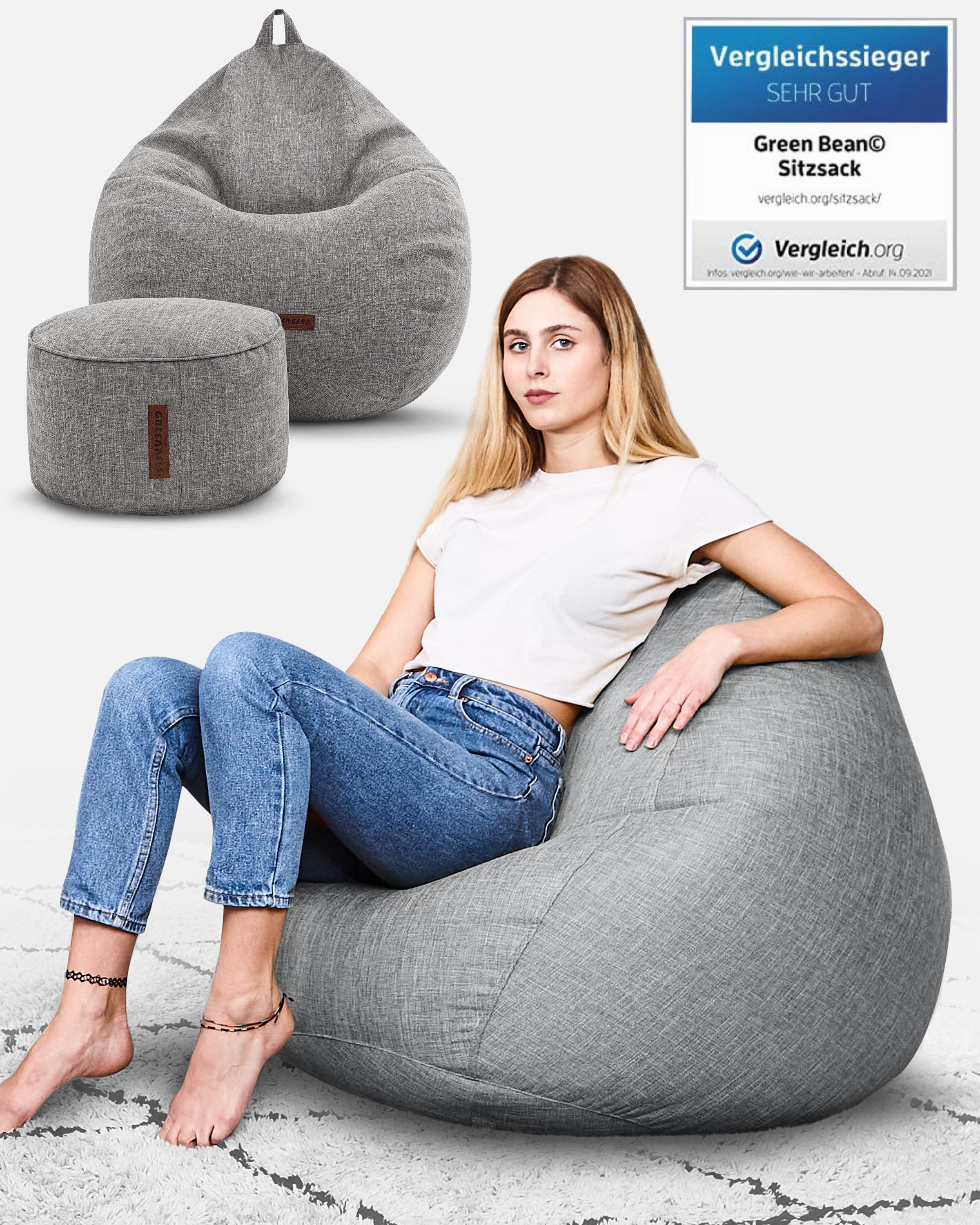 Green Bean Sitzsack Indoor Sitzsack XXL Home Linen +Hocker (2er Set Indoor Sitzsack 80x90x50cm + Sitzpouf 45x25cm mit EPS-Perlen Füllung -, Fußhocker Fußkissen Sitz-pouf Bodenkissen Liegekissen), Sitzkissen Lounge Chair Sitzhocker Relax-Sessel Bean Bag