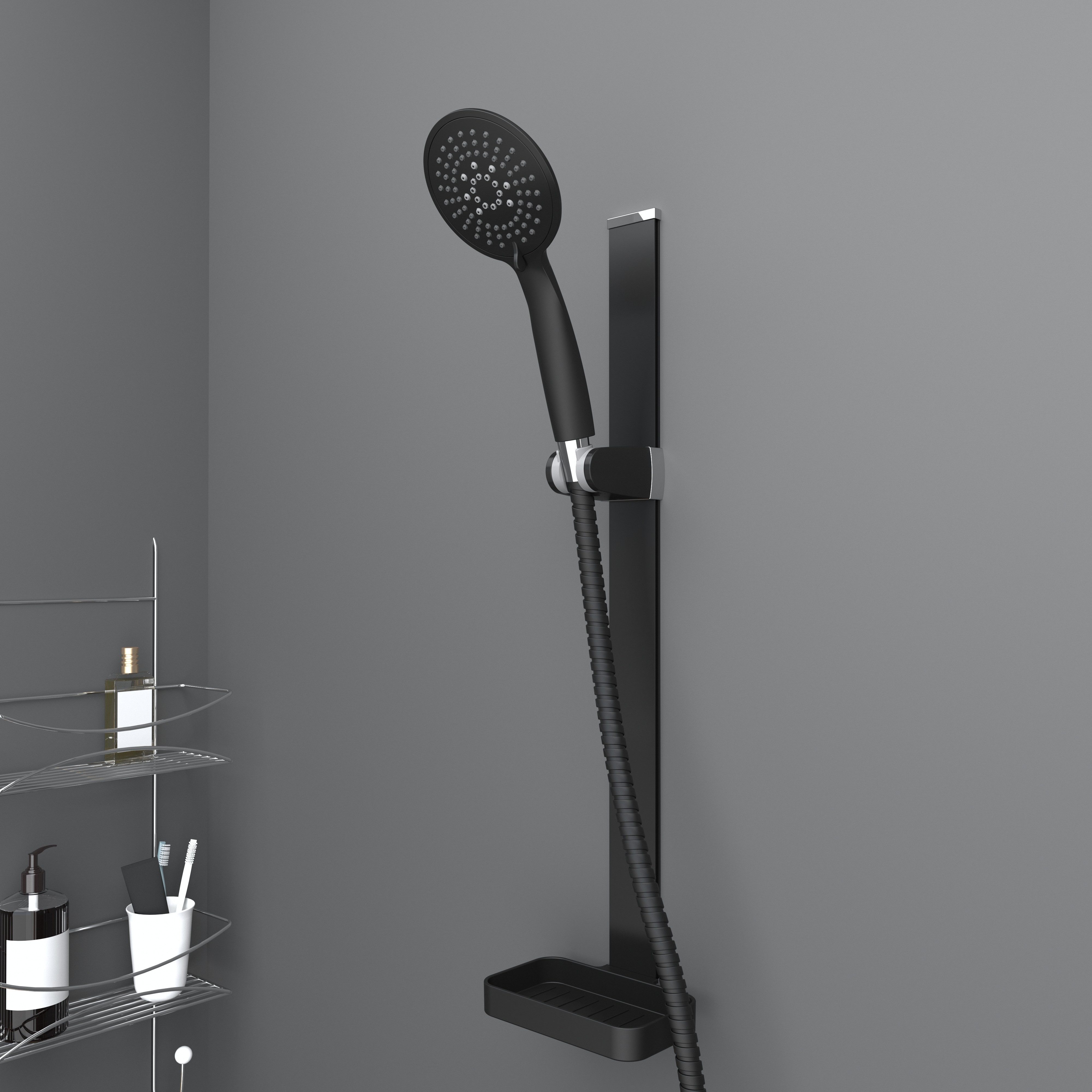 Euroshowers GmbH Duschbrause Duschstange Set ohne Bohren mit Duschkopf 3M Klebemontage Schwarz, (Komplettes Duschset mit Duschstange, Handbrause, Brauseschlauch – Bild 3 von 5